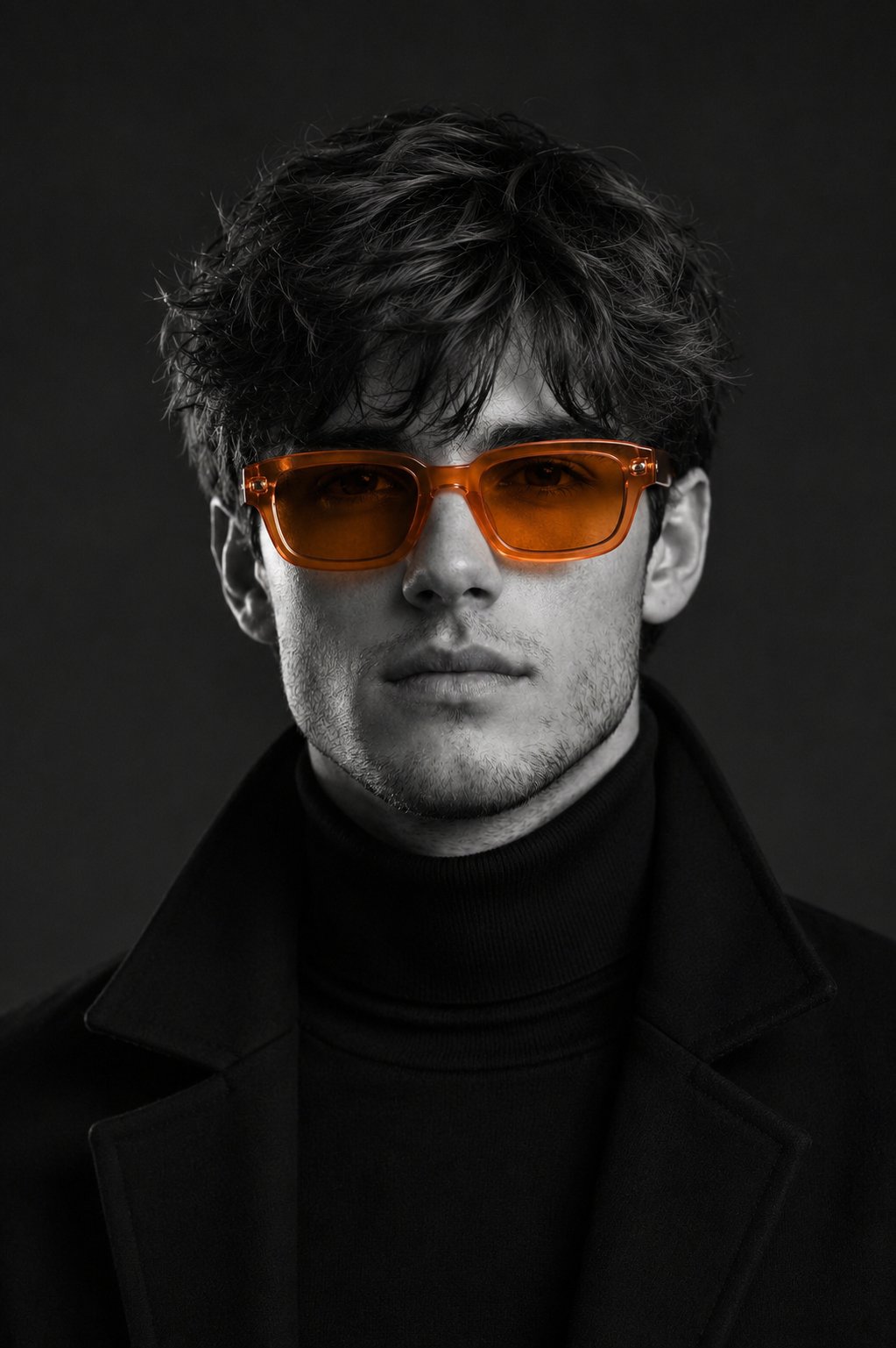 A studio-style close-up editorial portrait of a person with strong, wel…