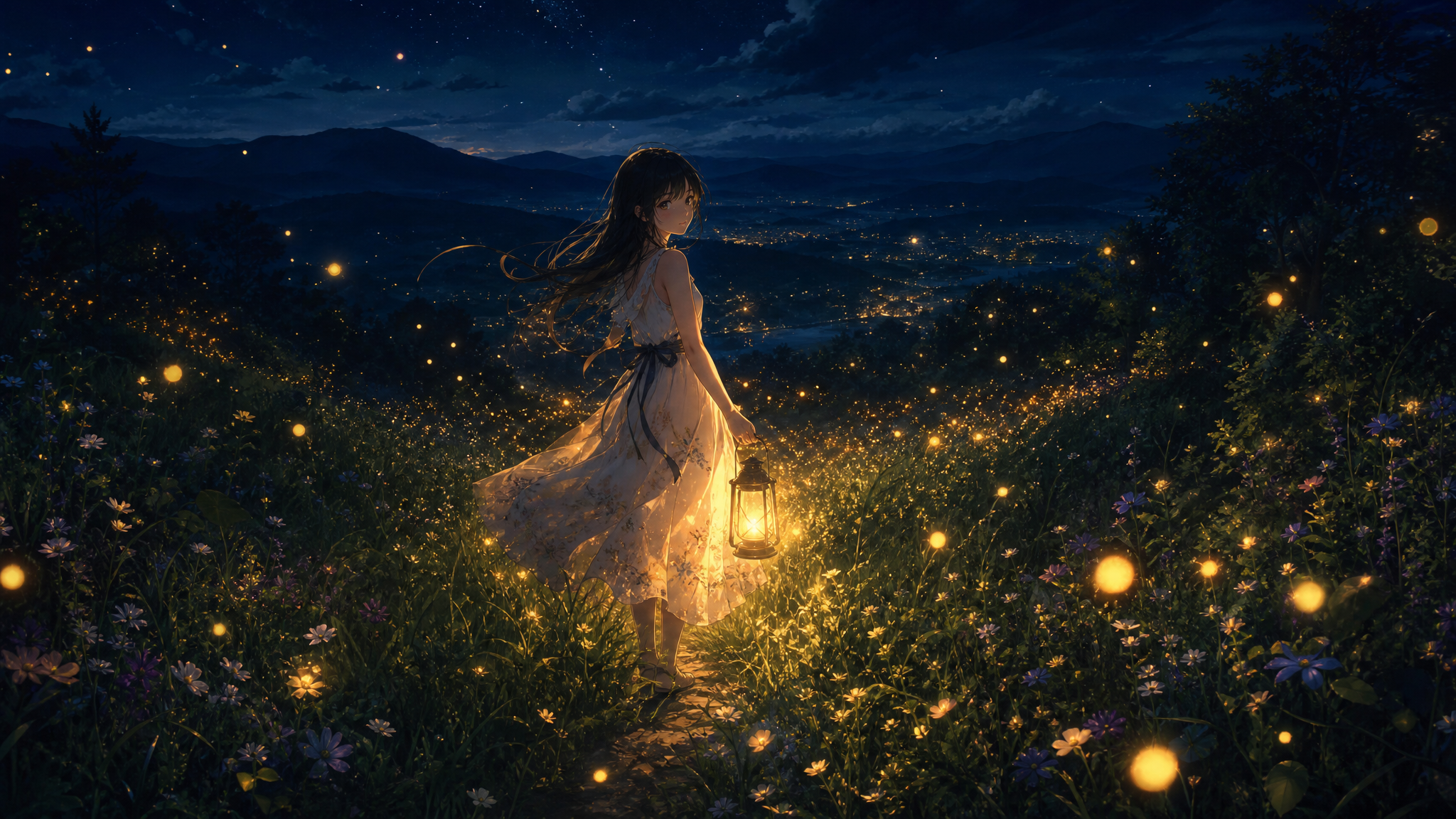 A girl walking through a meadow illuminated by thousands of glowing fir…