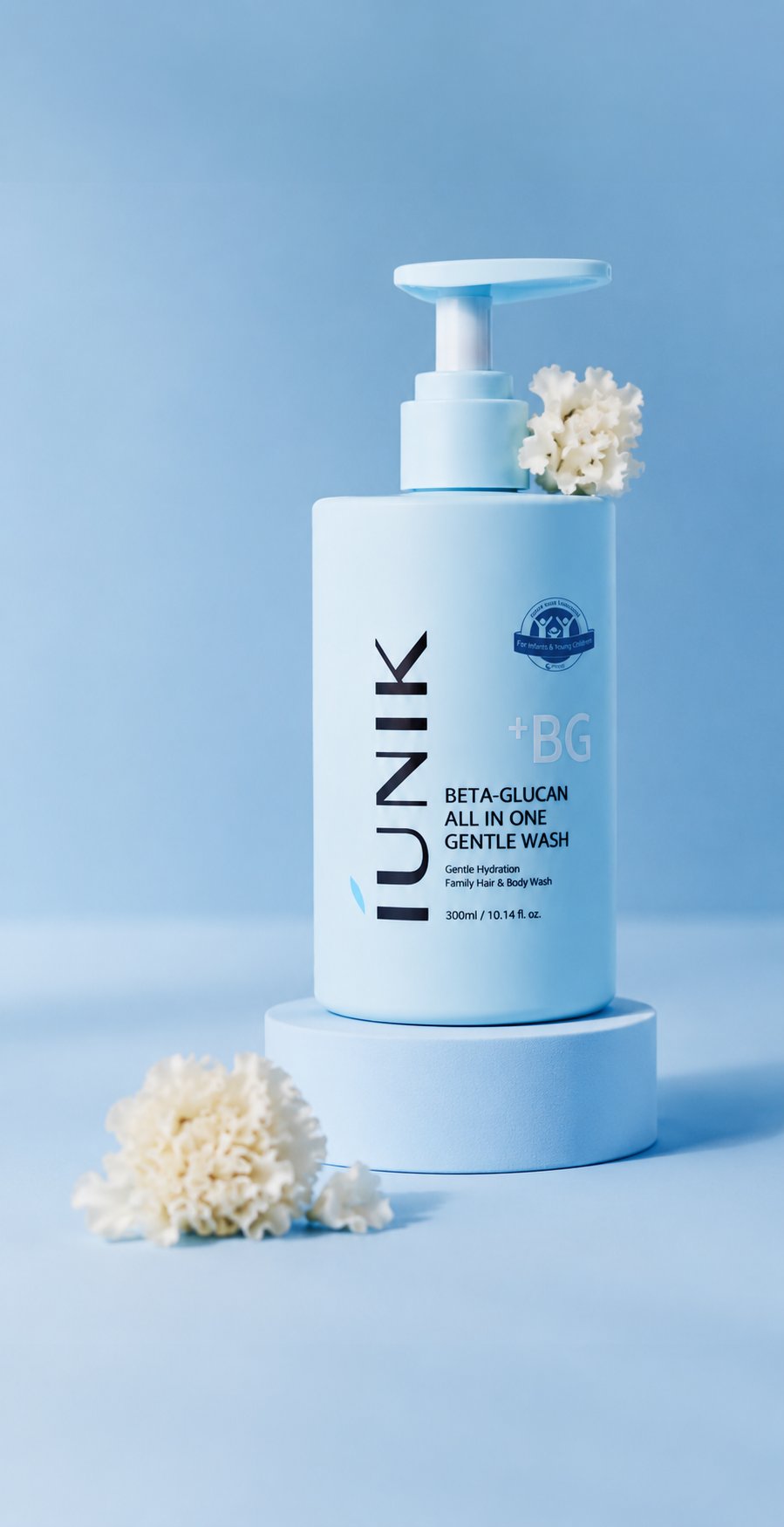 Luxury skincare product photography, pastel blue monochrome aesthetic, …
