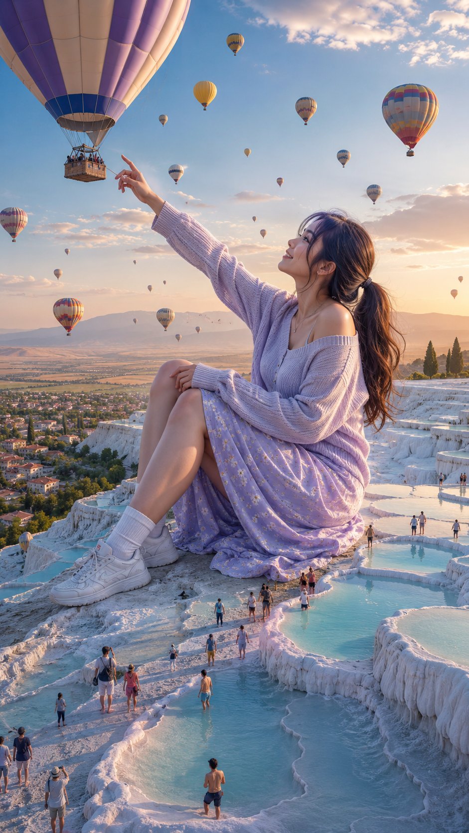 Create a surreal giantess travel photography scene featuring a beautifu… 1