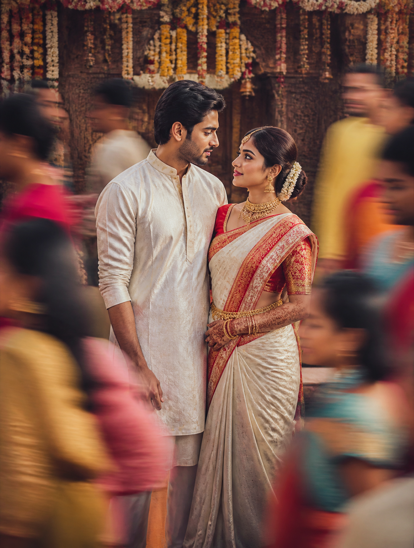 A cinematic Gujarati wedding scene featuring a man and woman dressed in…