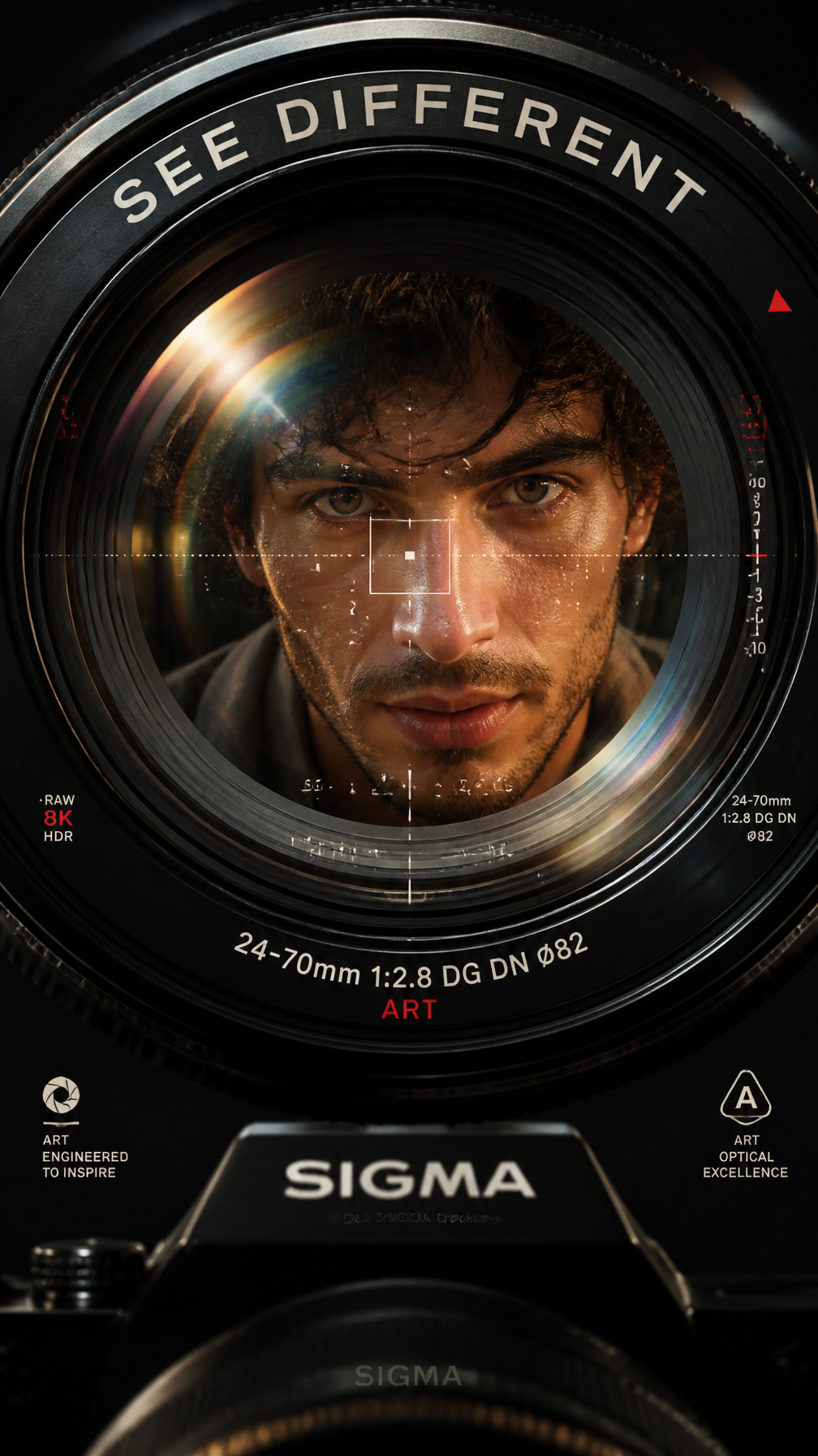 A premium 9:16 camera advertising poster.Main Subject:A young male mode…
