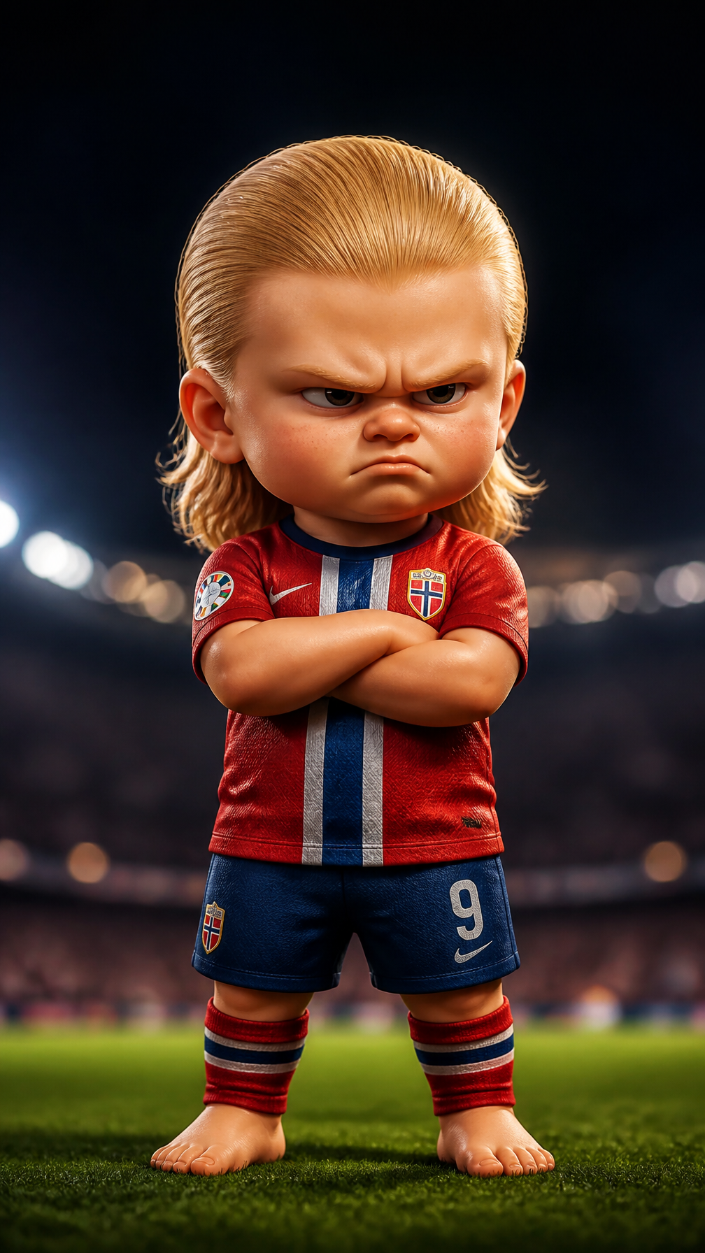 Vertical 3D toy figurine, chibi Erling Haaland, short chubby toddler bo…