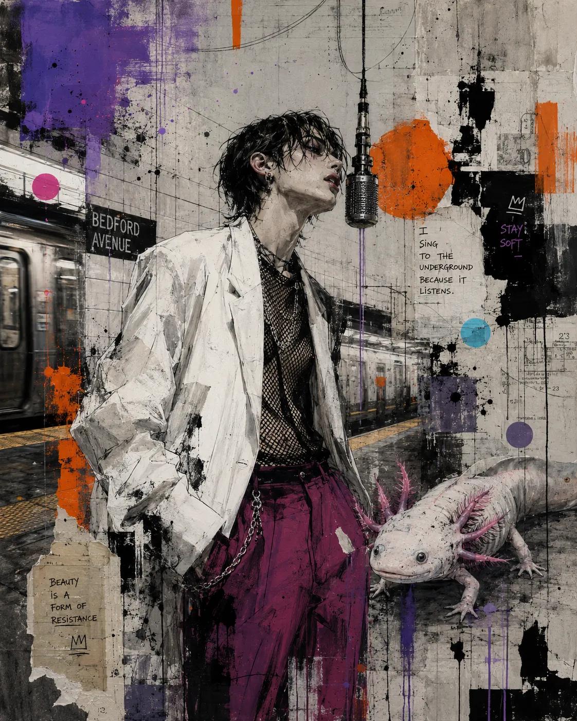 Create a raw neo-urban surrealist portrait in a rain-soaked industrial … 1