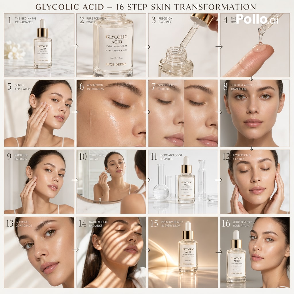 A cinematic luxury skincare advertising storyboard infographic for a gl…