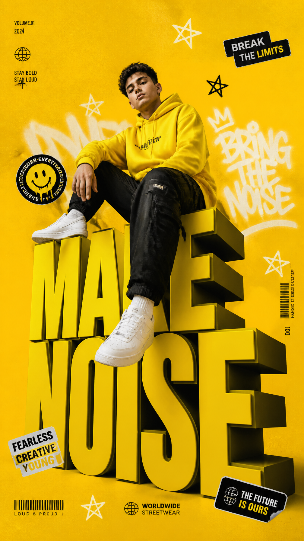 A premium 9:16 streetwear editorial advertising poster.Main Subject:A c…