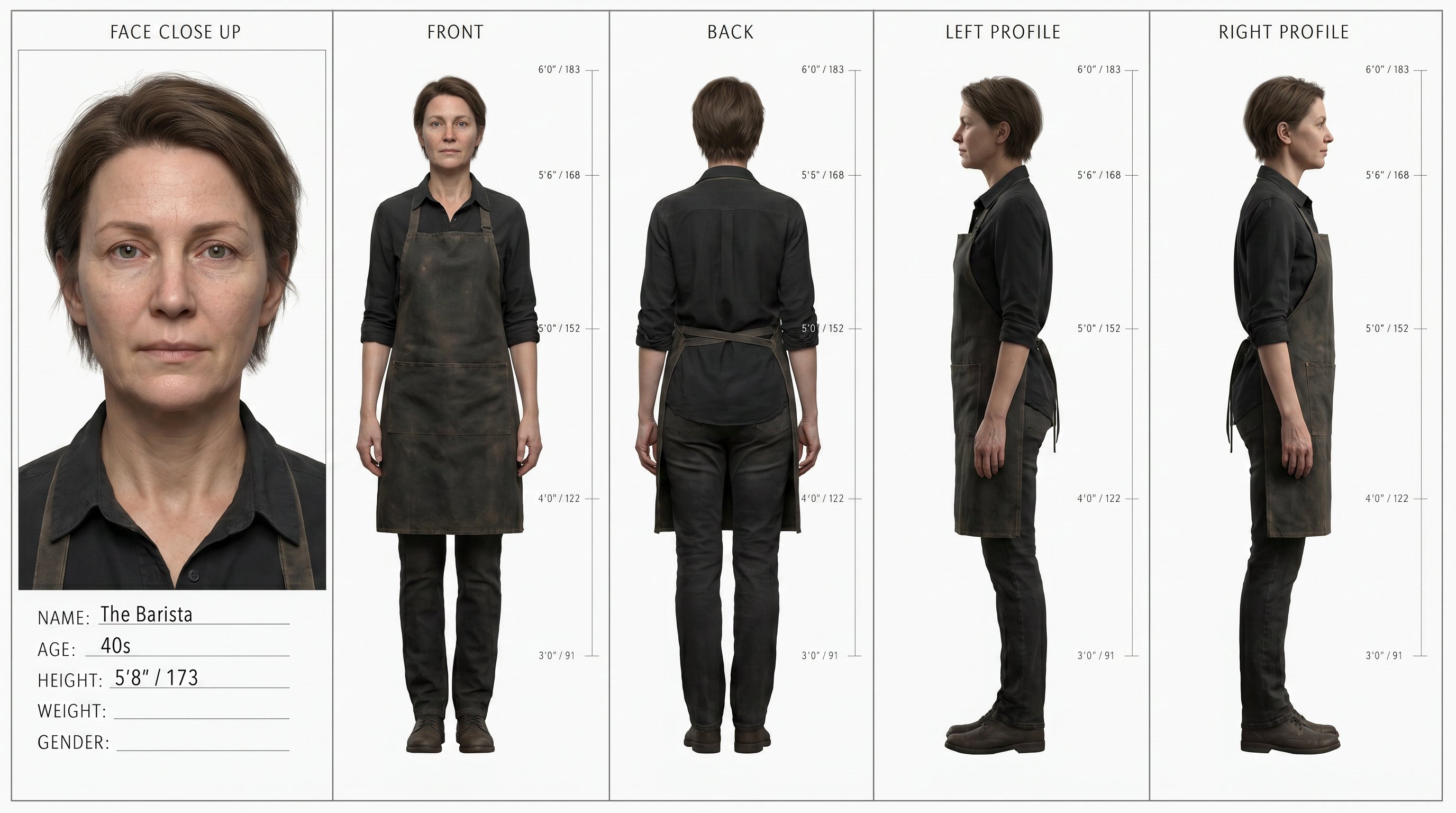 Ultra realistic character turnaround sheet of a female barista in her e…