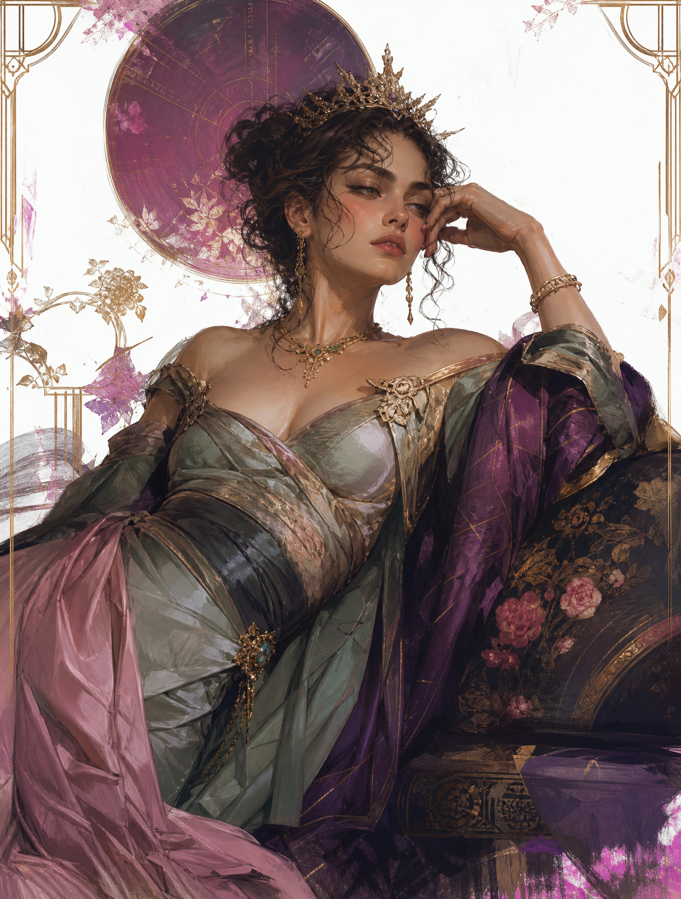 Create a portrait of a young woman in a semi-reclining pose with a pens…