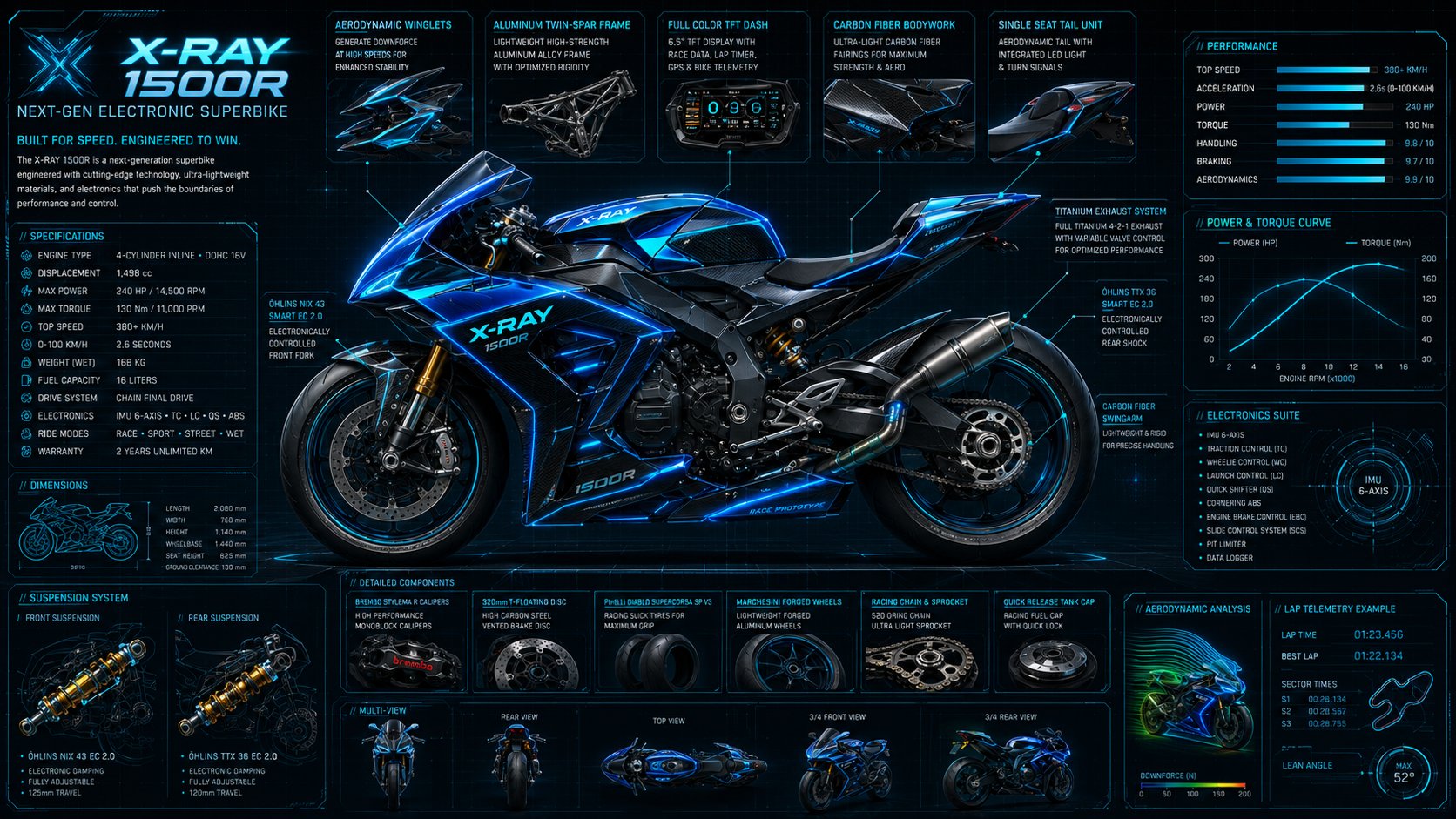 Ultra-detailed futuristic superbike blueprint poster of a [COLOR] sport… 1