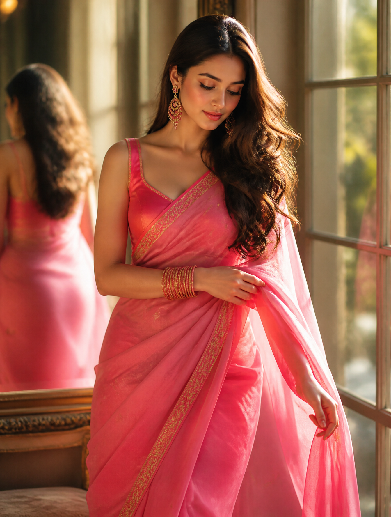 beside a large window in warm golden-hour sunlight, wearing a vibrant h…