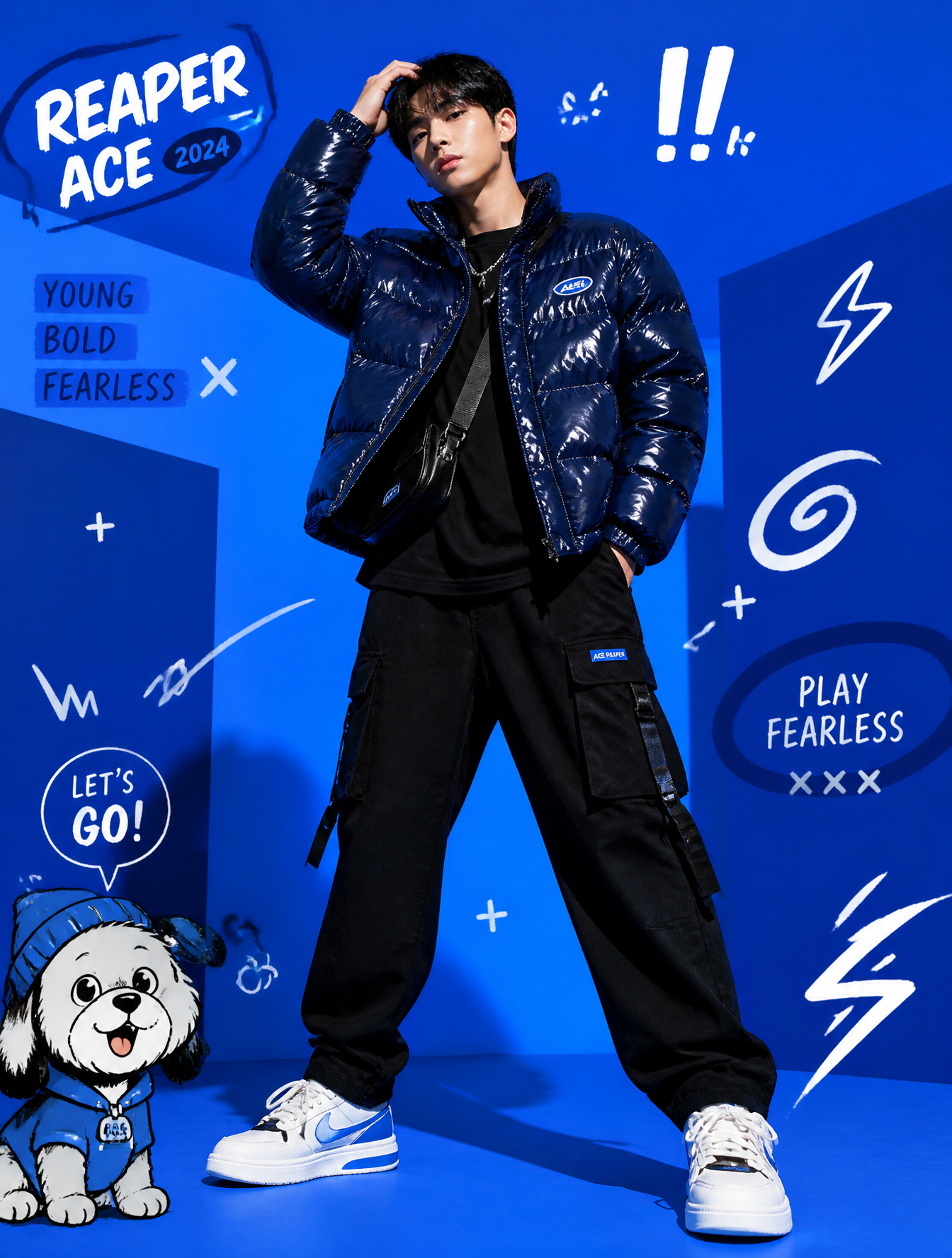A full-body fashion editorial scene against a vibrant electric-blue stu…