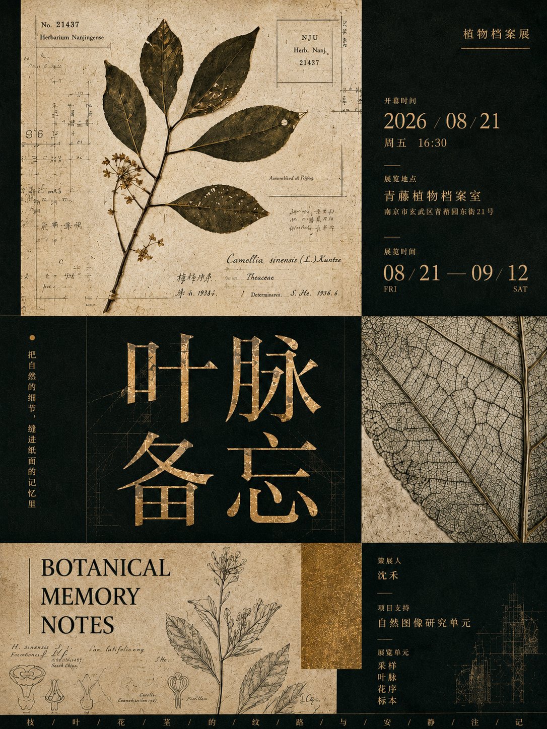 【主题】几何拼贴式策展海报 【中文主标题】自定义 【英文副标题】自定义 【视觉关键词】几何分区 / 艺术图像模块 / 展讯信息 / 深色纸张 … 2