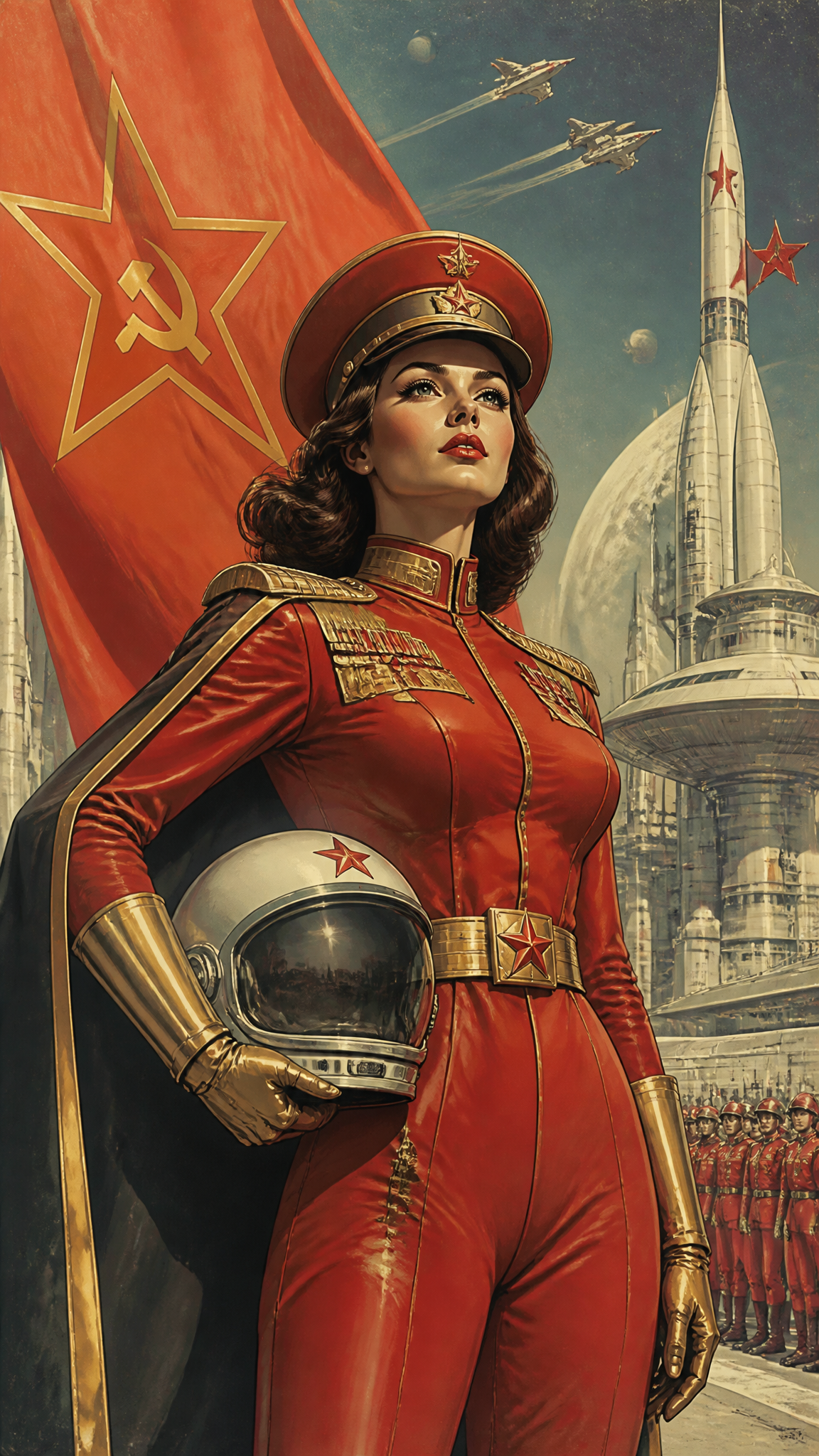 retro futurism style, COMMUNIST COMMANDER fantasy retro woman space