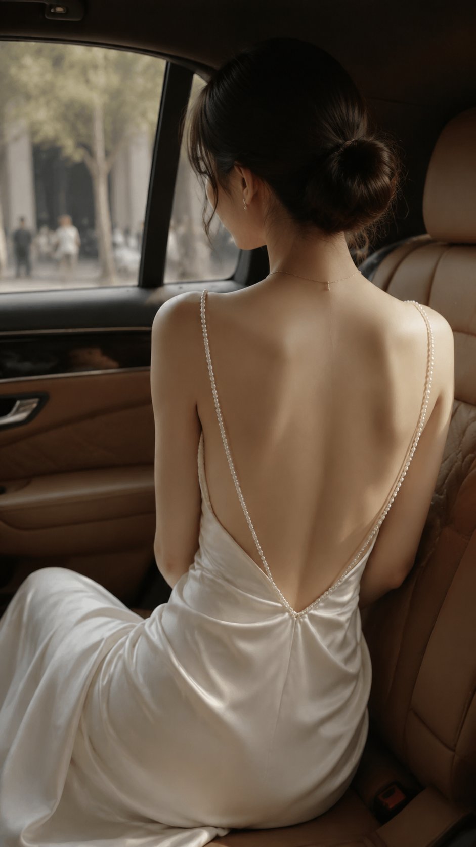 Realistic backless fashion editorial inside a luxury car, vertical 9:16… 1