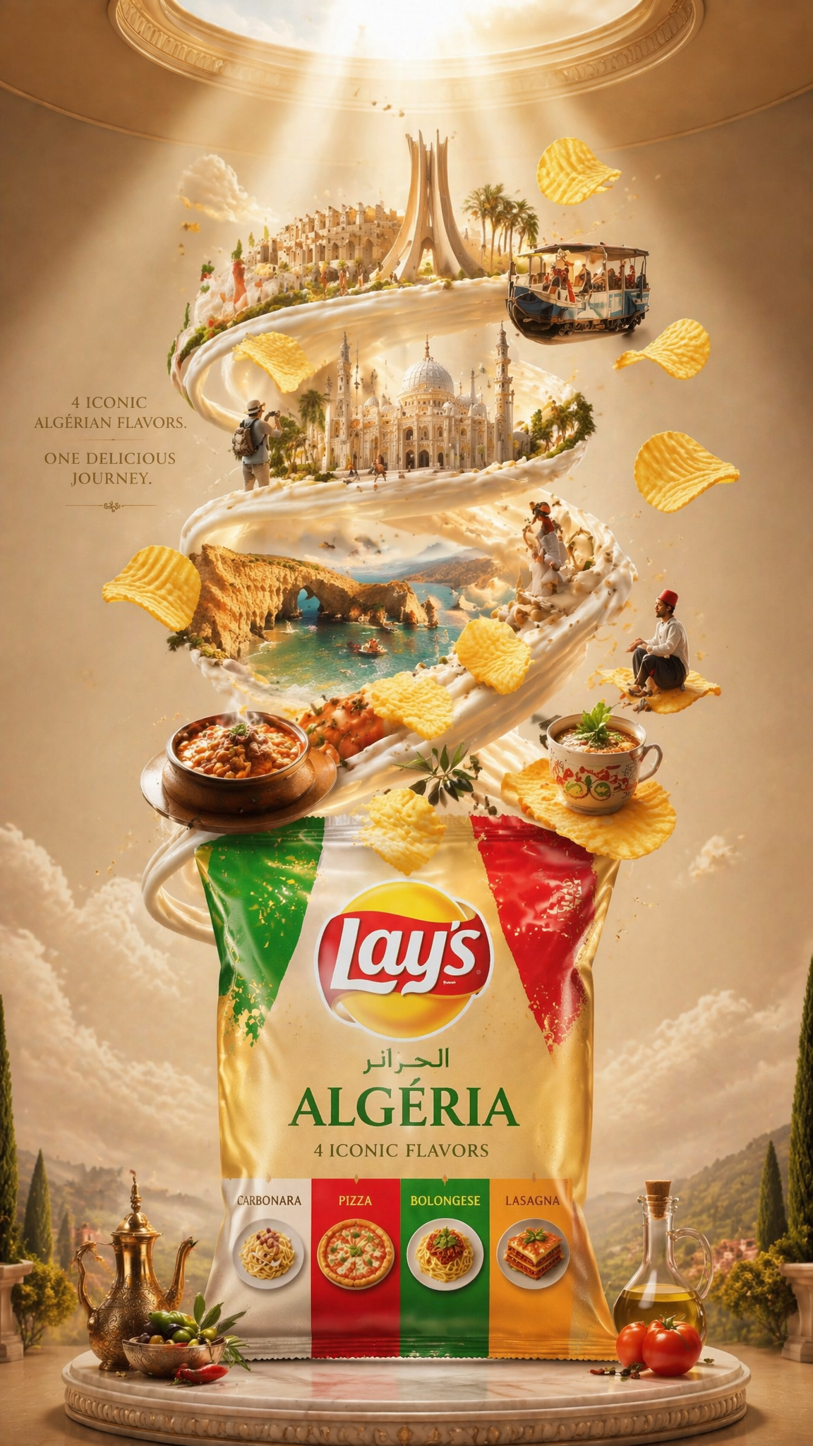 Ultra-detailed premium travel-food advertisement poster for Algéria , v…
