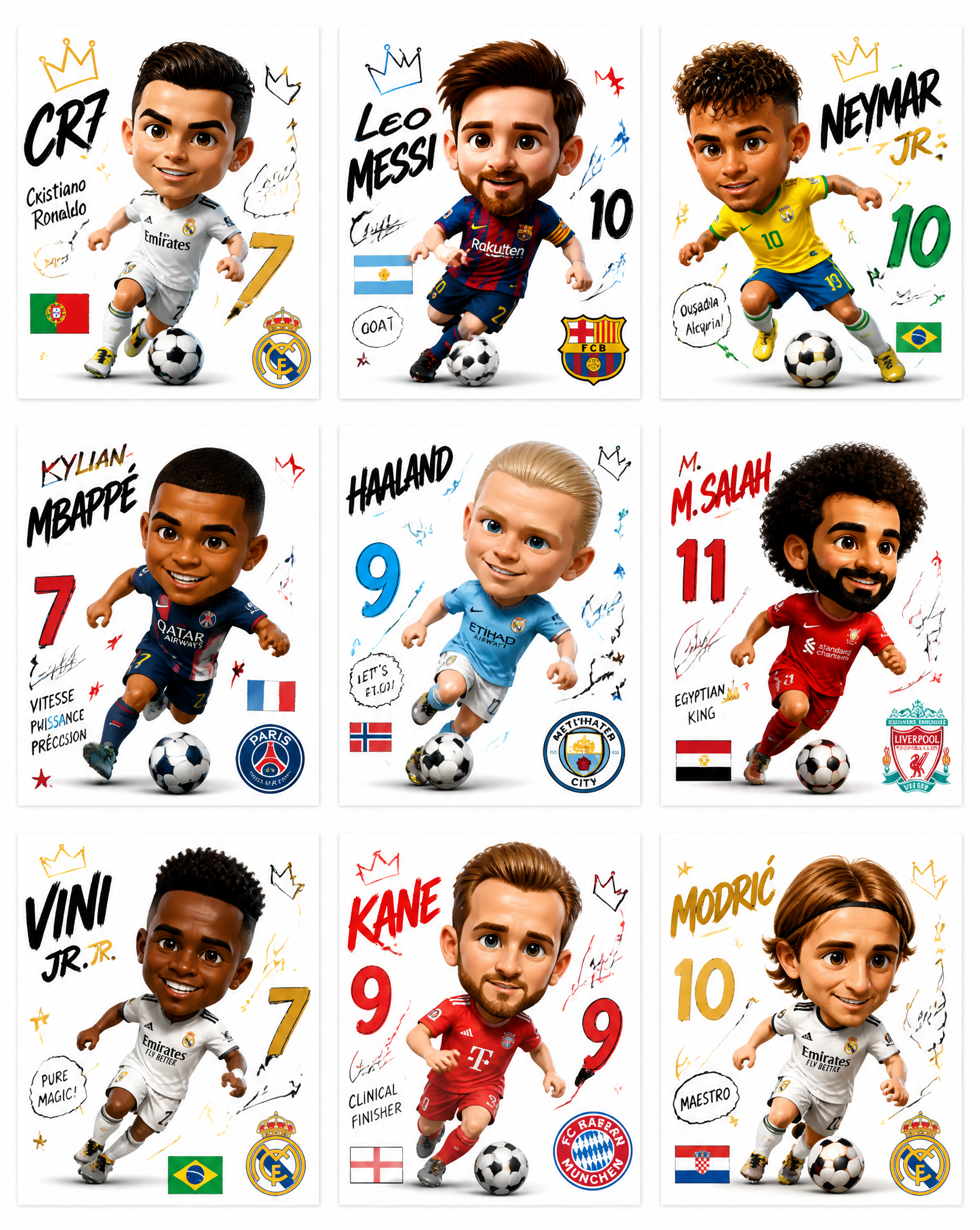 Create a collection of 9 square poster illustrations featuring famous f…