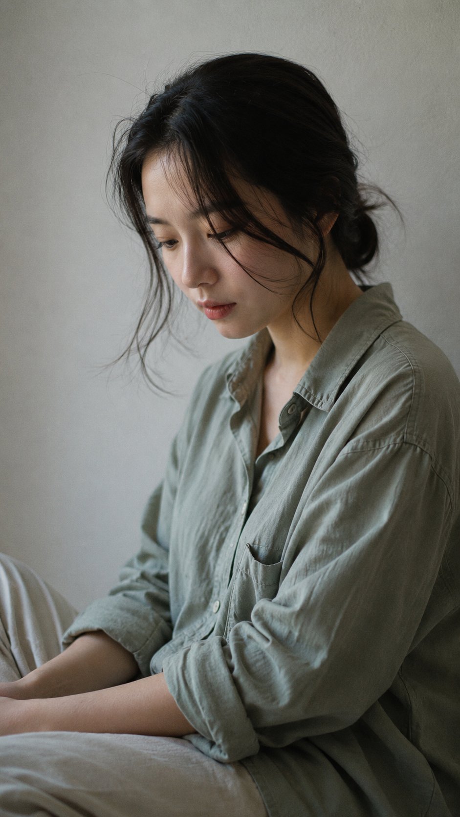 Portrait shot on 50mm f/2, medium close-up of a Japanese woman in her e…
