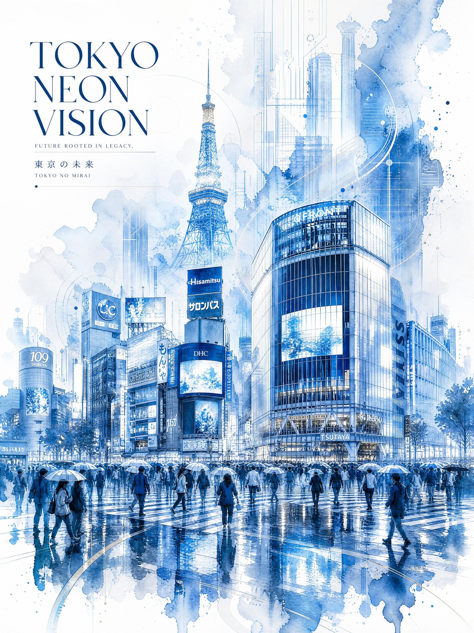 Ultra-detailed watercolor travel poster titled “TOKYO NEON VISION”, ble… 1