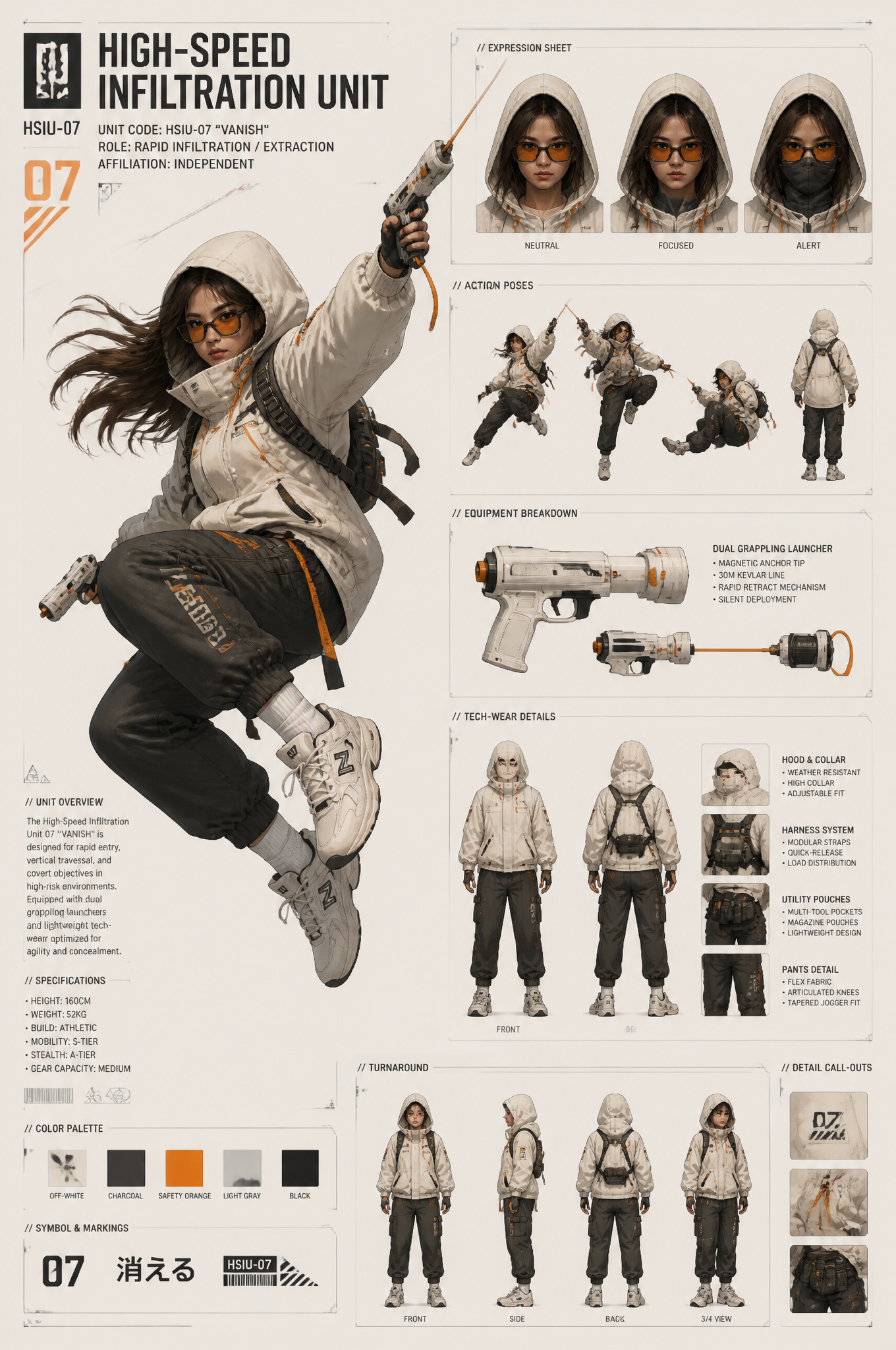A dynamic character concept sheet showcases a "High-Speed Infiltration …