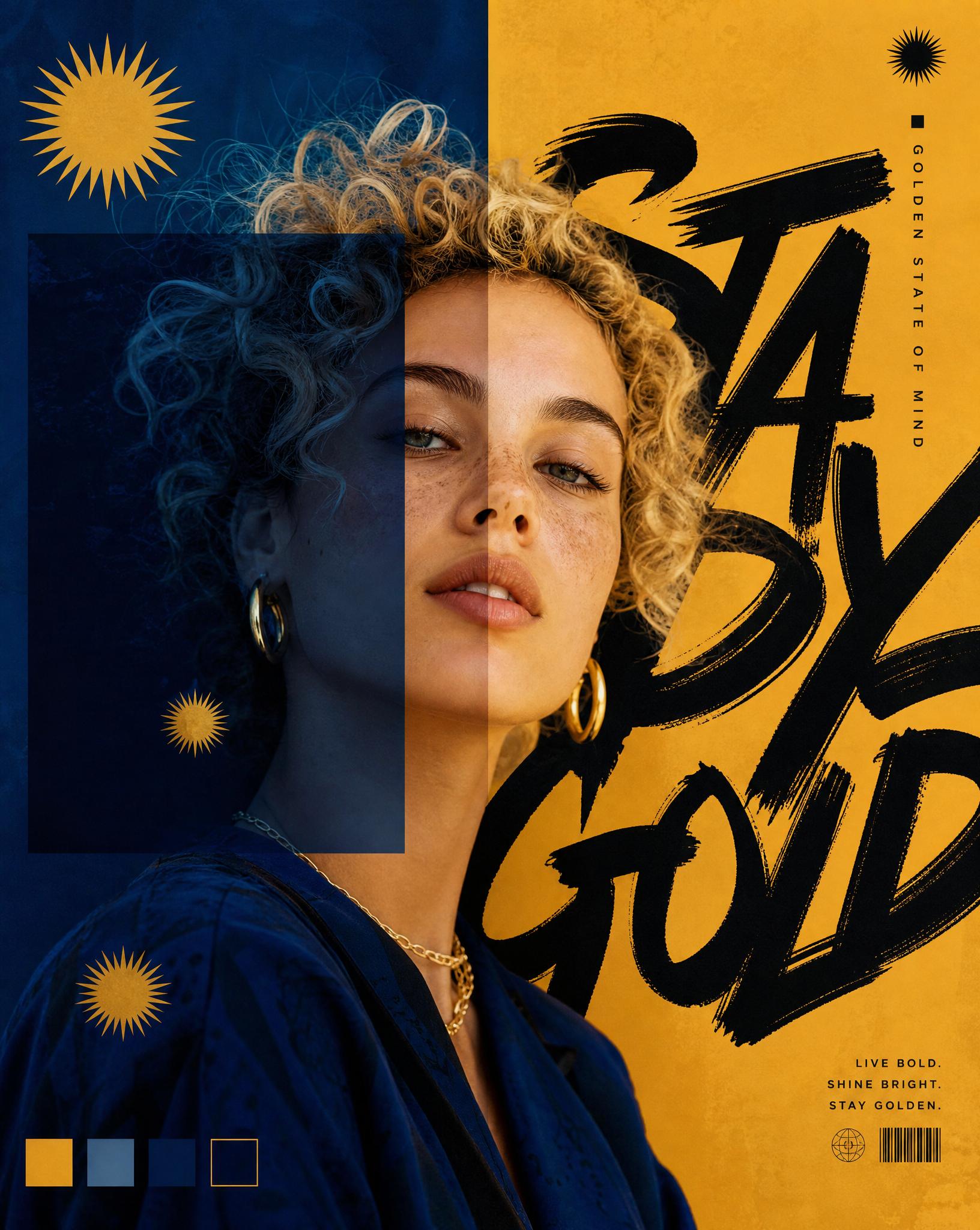 Azure & Gold Editorial portrait of a young woman with curly blonde hair…