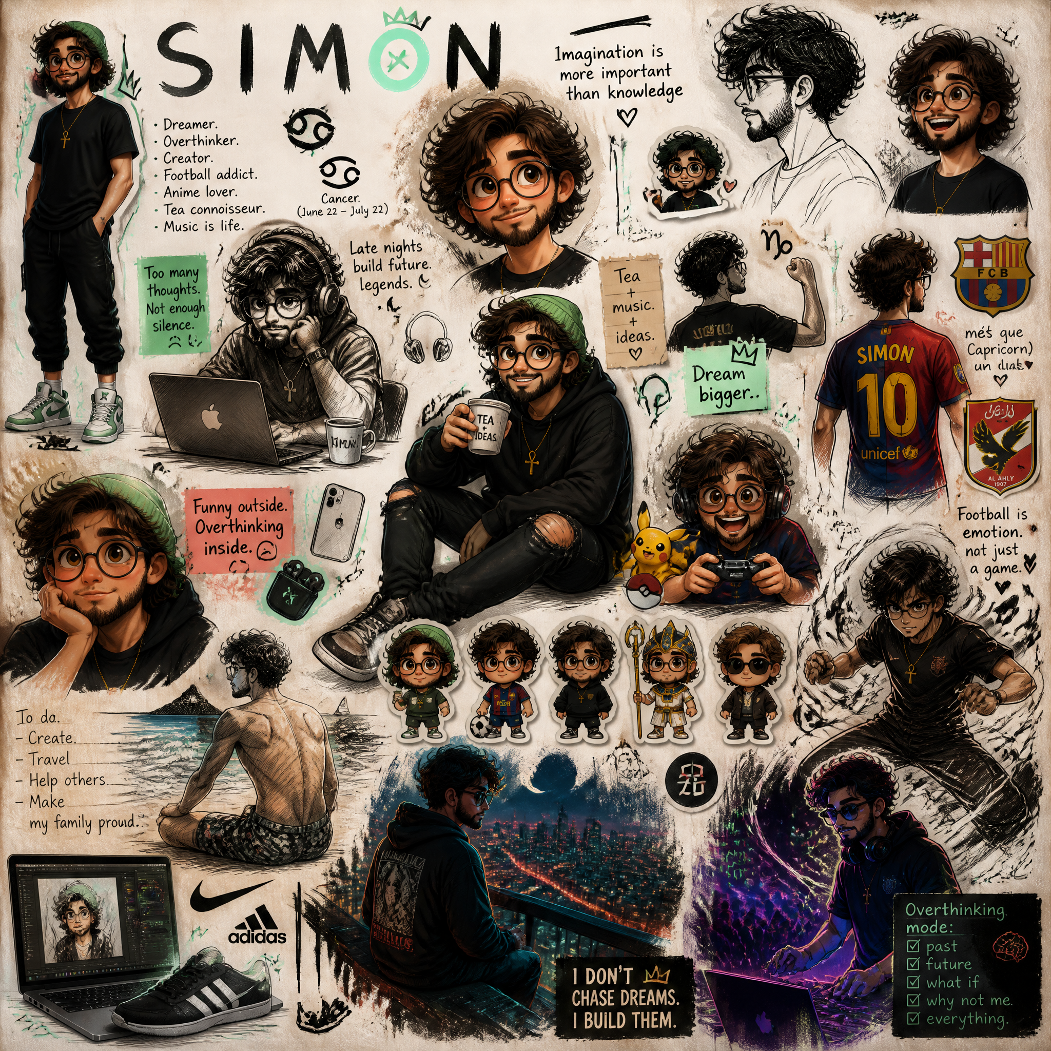 Messy personal sketchbook illustration page of a character named “S I M…