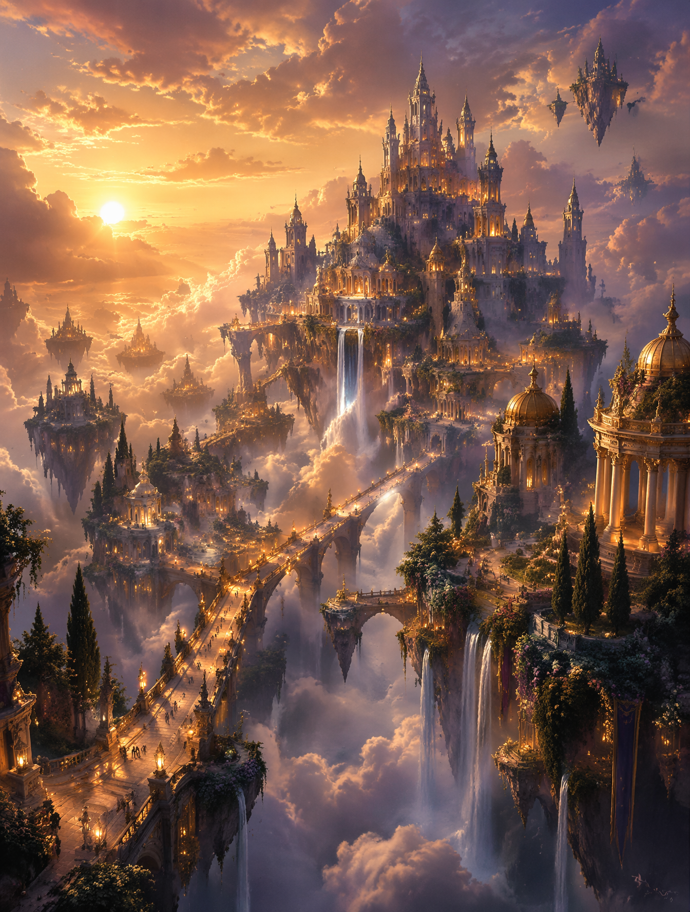 Create an epic fantasy city floating high above the clouds at dusk. Sho…