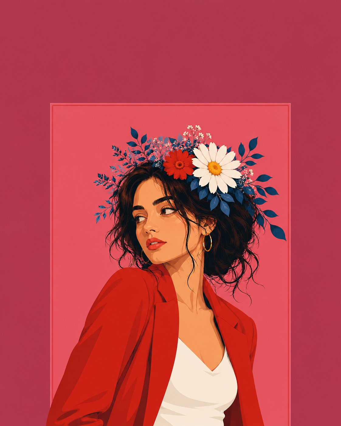 Wide flat vector illustration poster, woman with floral crown glancing … 3
