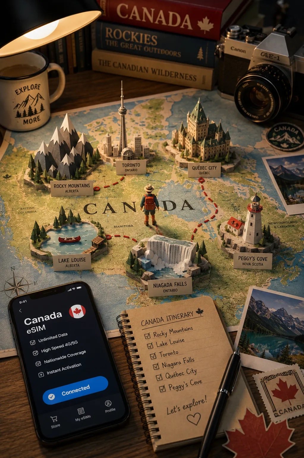 A premium travel-planning tabletop scene for [LOCATION], photographed f…
