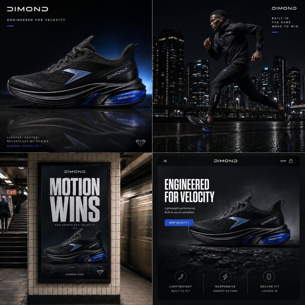 Create a premium ecommerce campaign board for a fictional performance s…