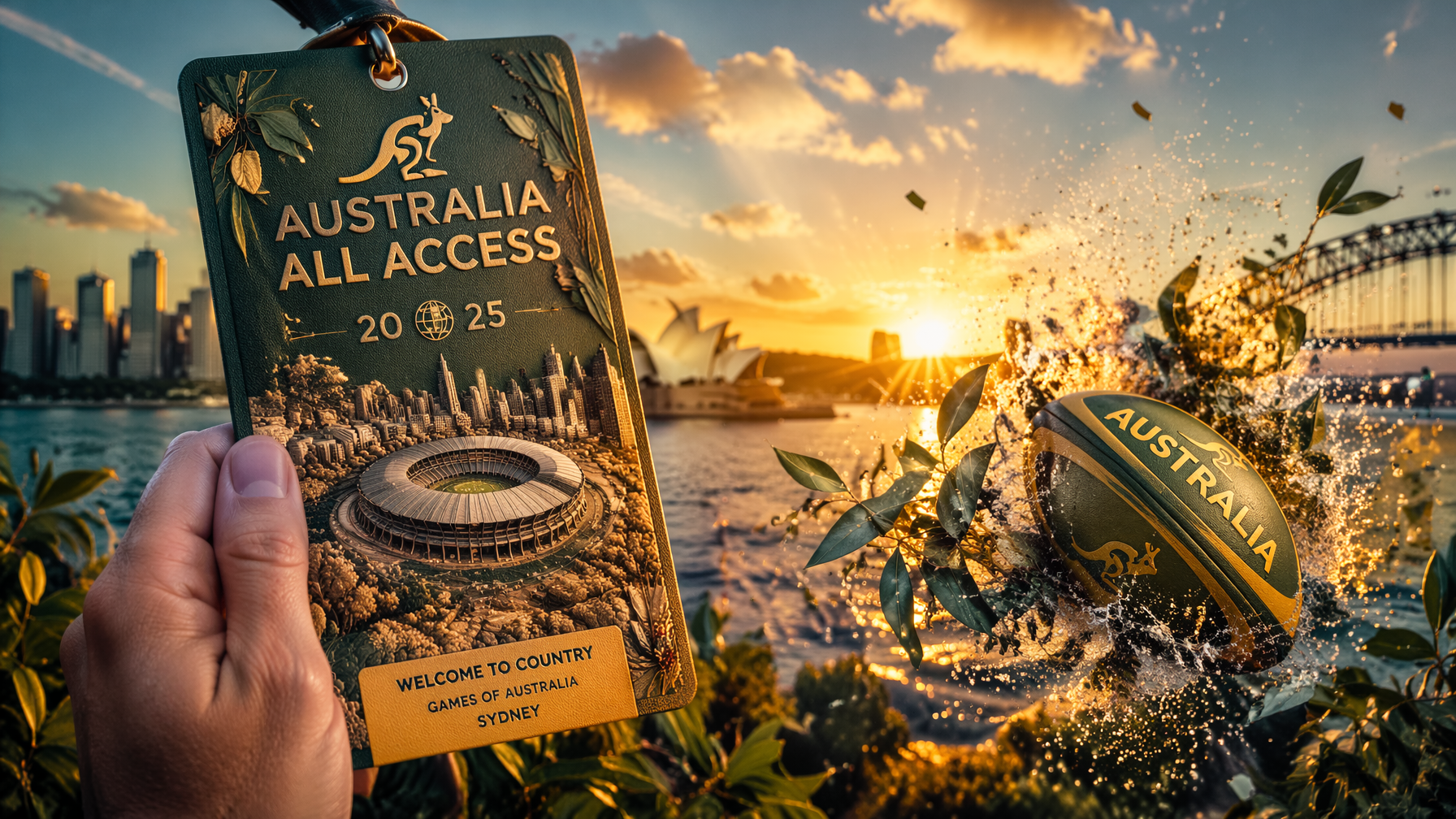 Australia Design a sunburnt green and gold pass: hand holds a textured …