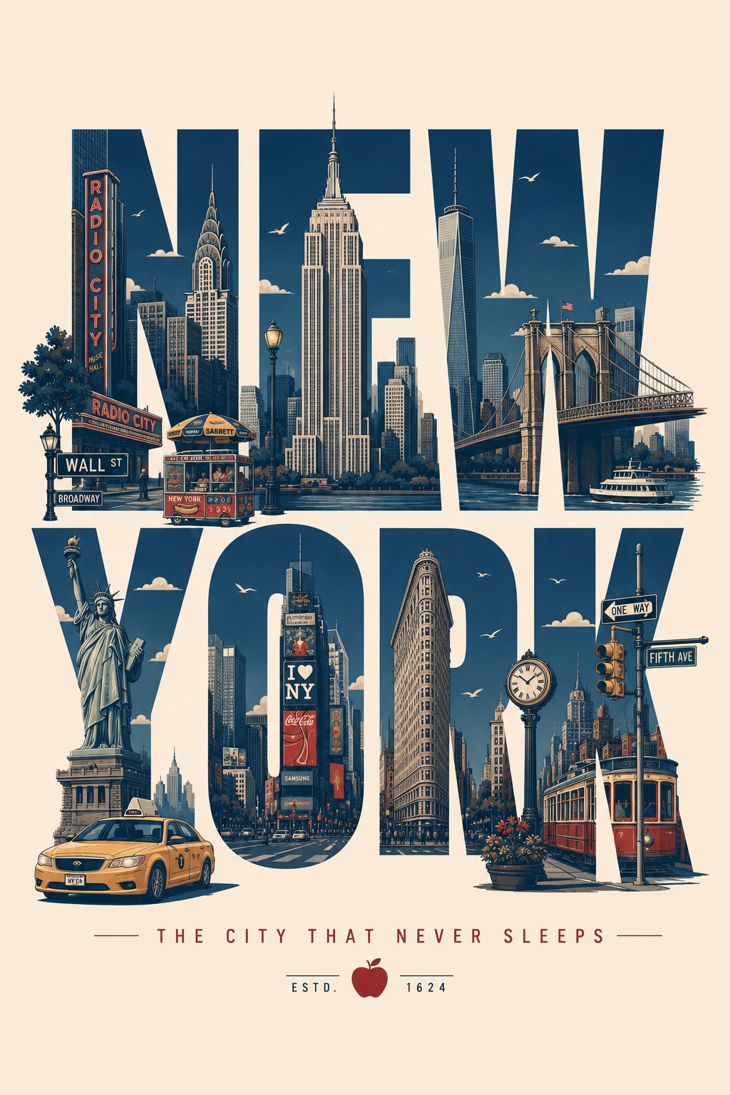 Create a clean, modern typographic travel poster where the city name it… 2