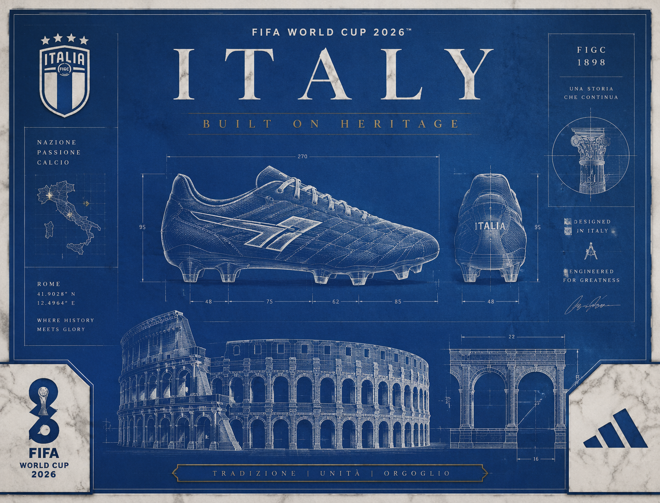 FIFA World Cup 2026 Italy blueprint poster, azure-blue and white palett…