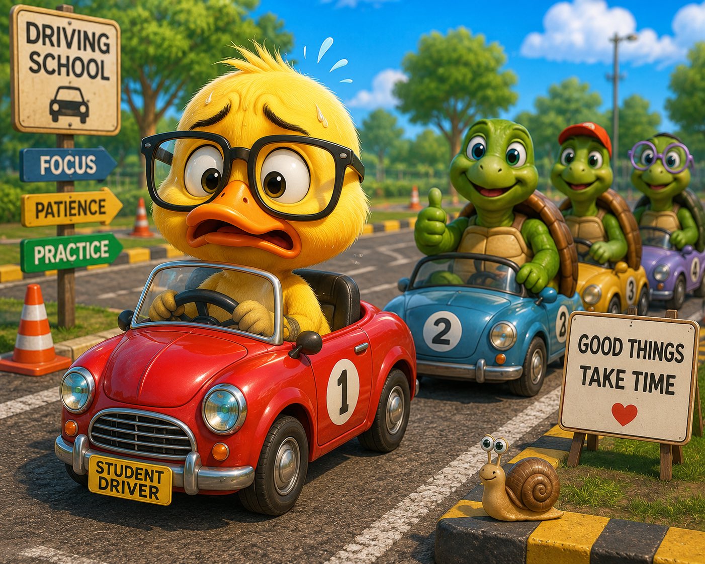 A nervous duck wearing oversized glasses attempts its first driving les…