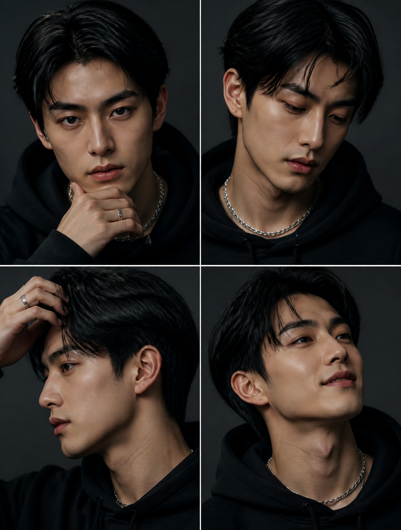 Prompt:A 2x2 portrait photo grid of an extremely handsome Japanese man …