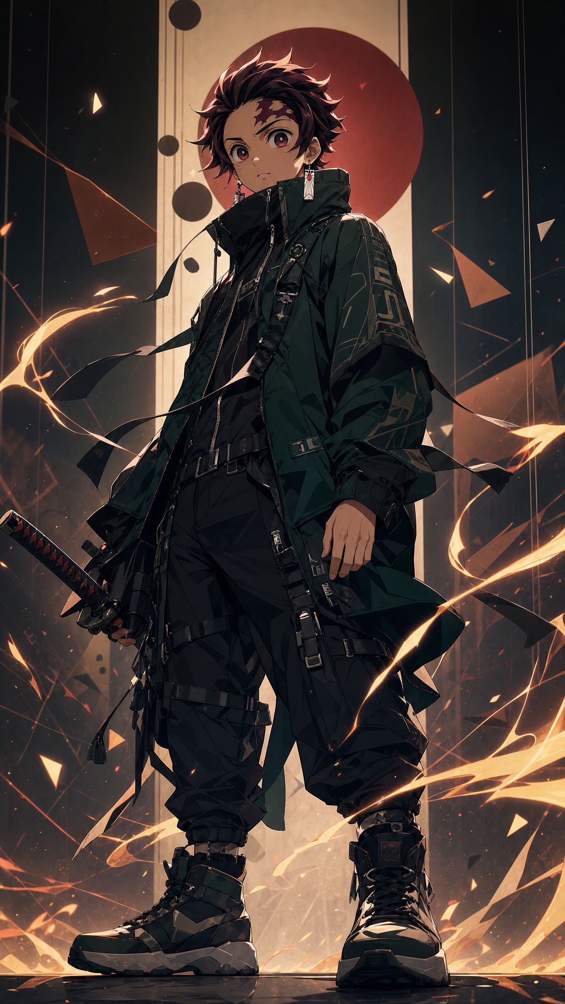 Tanjiro Kamado, modern techwear aesthetic, confident battle-ready stanc…