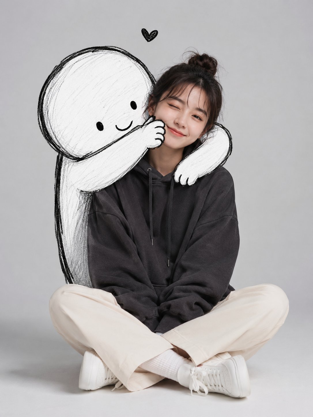 A cute minimalist portrait of a young woman sitting casually on the flo…