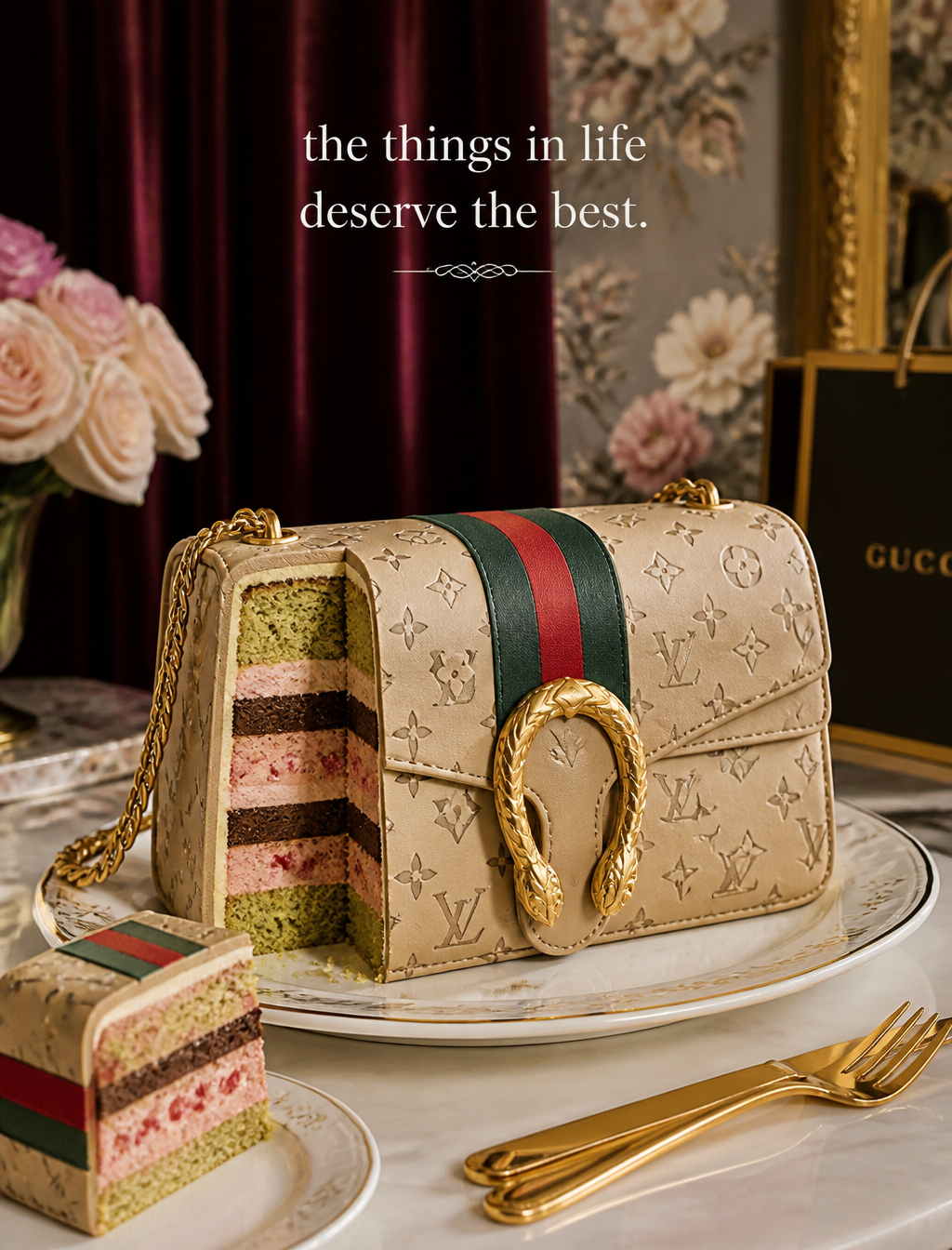 An elegant cake designed like a Louis Vuitton Dionysus handbag, detaile…