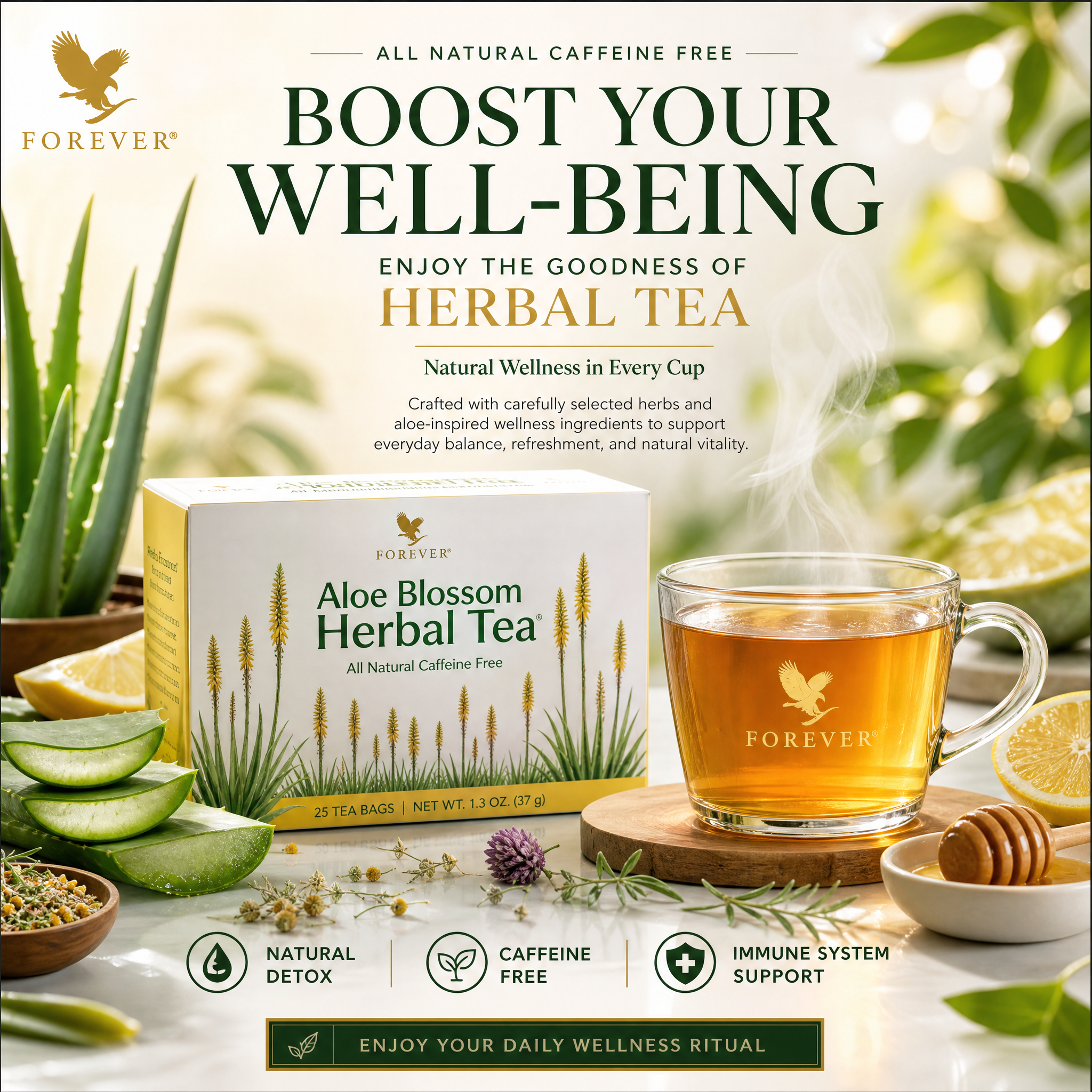 Create a premium wellness advertising poster for a herbal tea brand. De…