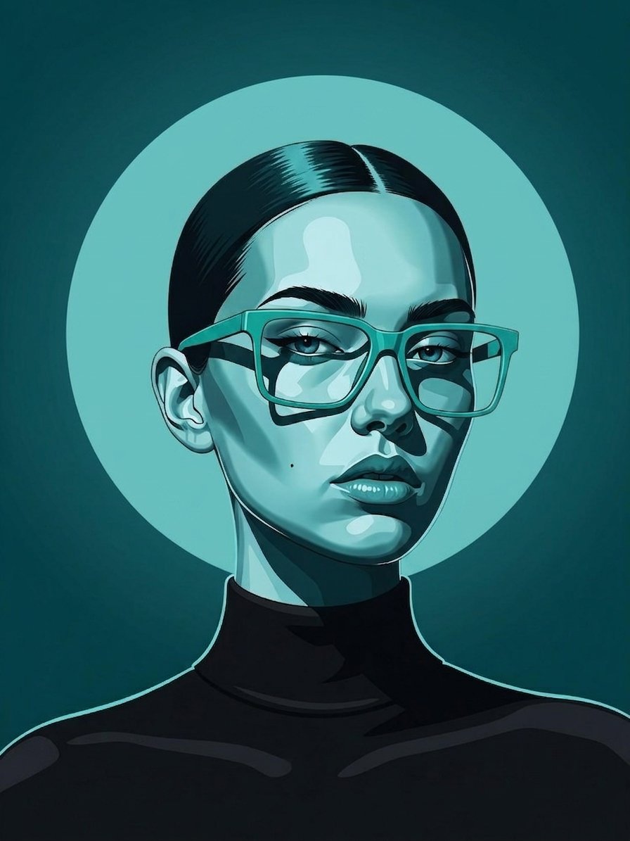 A bold modern vector portrait of a stylish woman wearing oversized geom…