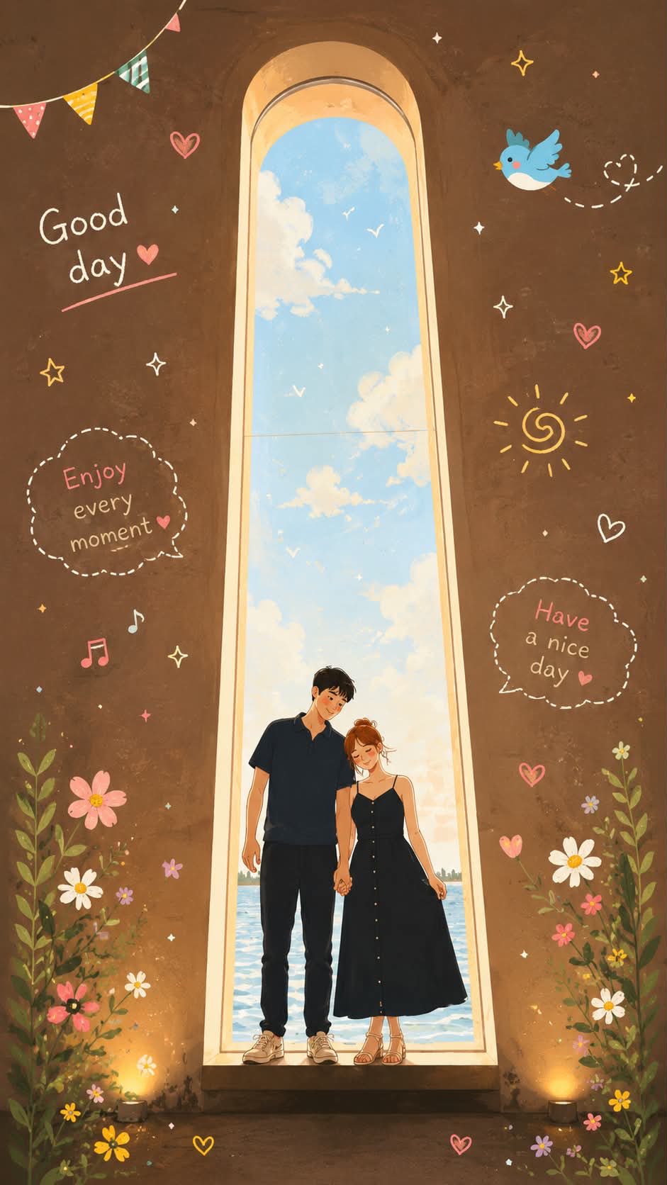 Transform this photo into a warm, soothing Folk Flat Illustration style… 1
