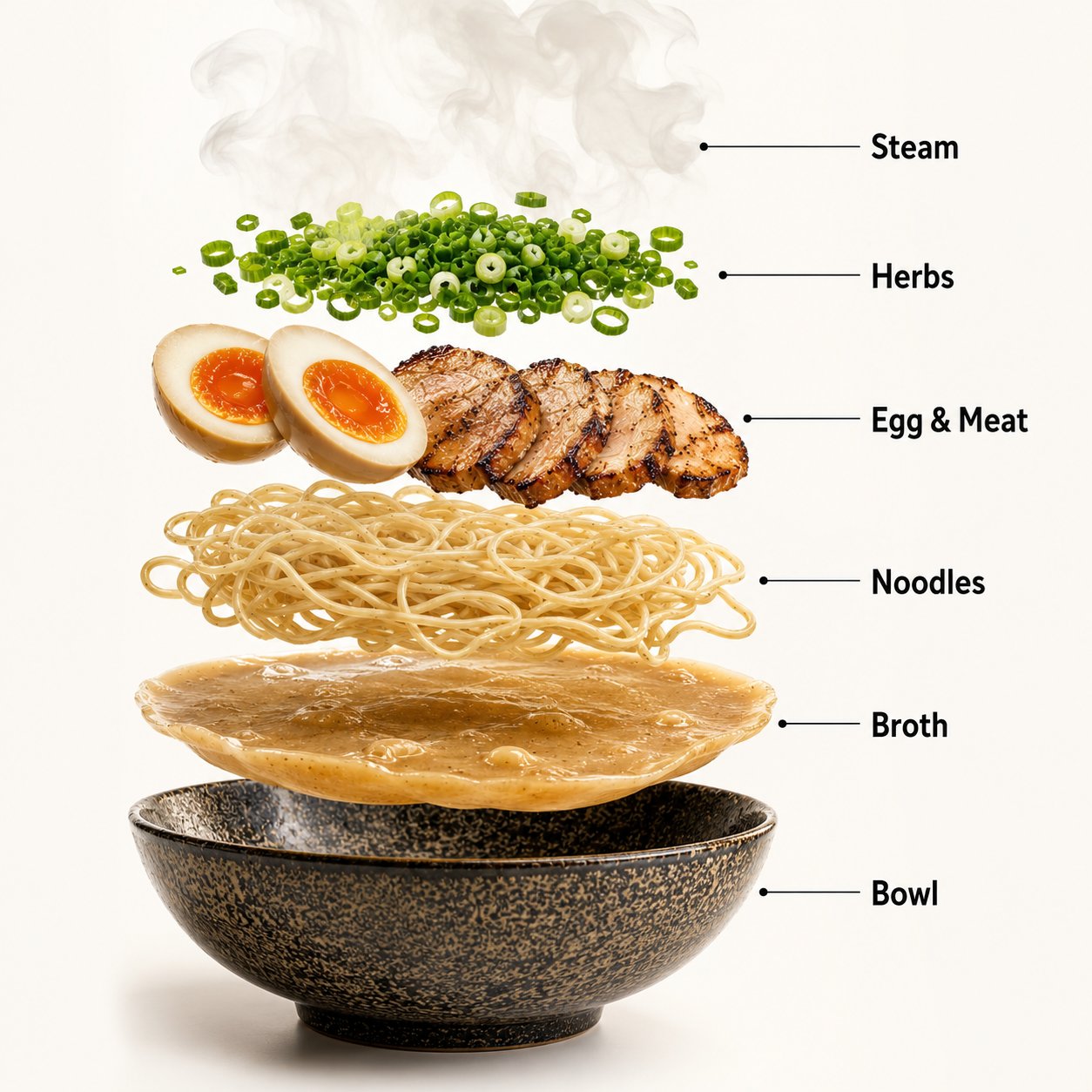 The ramen bowl starts to slowly spin while the ingredients separate gen…