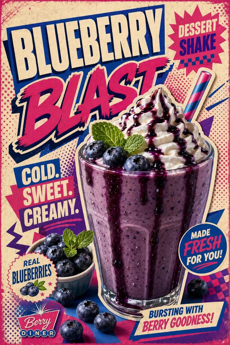 Create a bold retro pop-art poster for a Blueberry Dessert Shake. Use a…