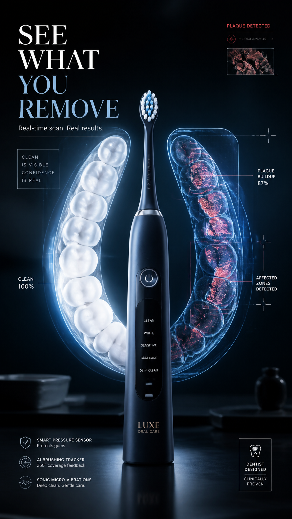 A premium 9:16 toothbrush advertising poster.Main Subject:A premium ele…