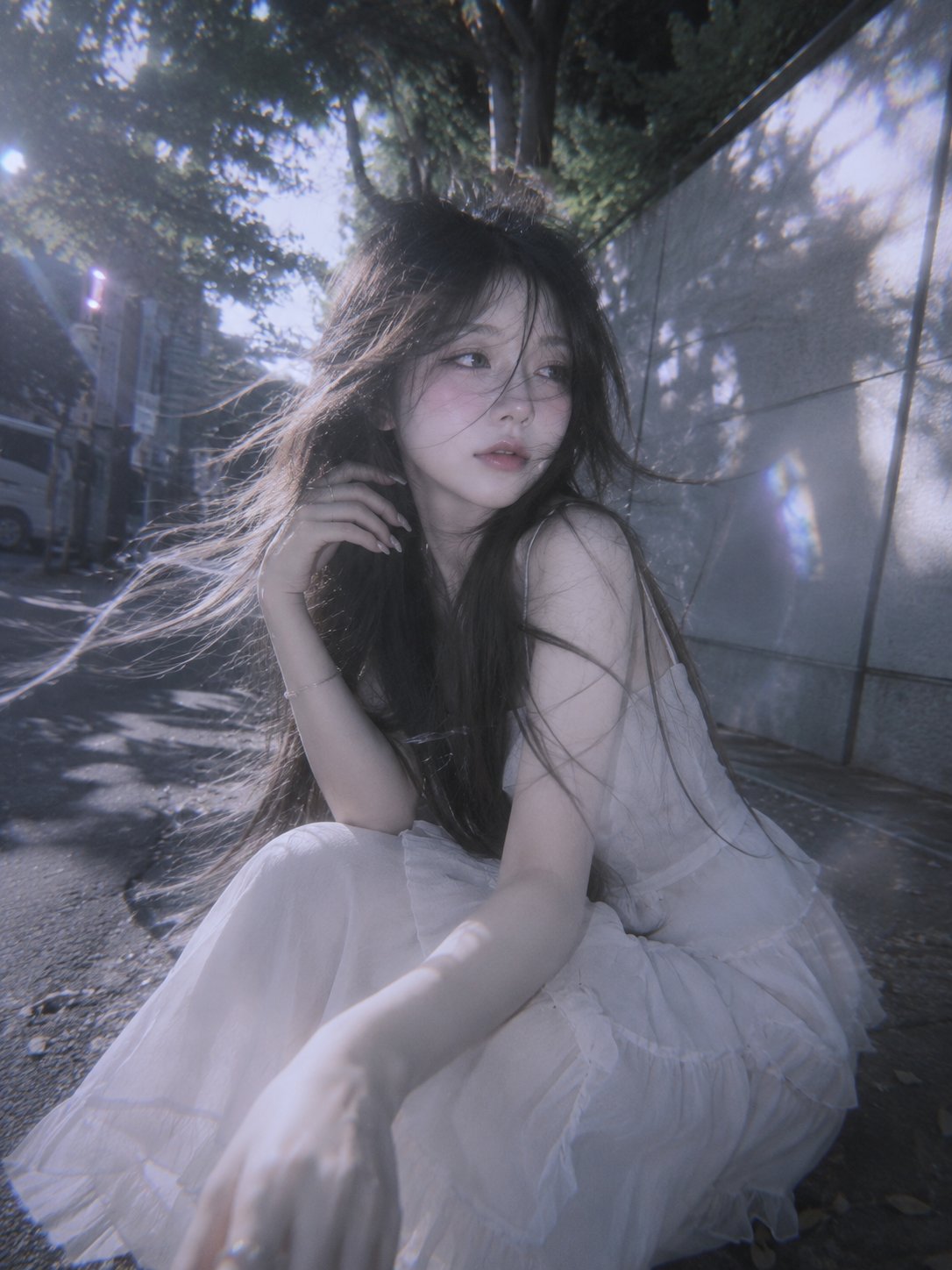 A surreal doll-like young woman with waist-length flowing hair, capture…