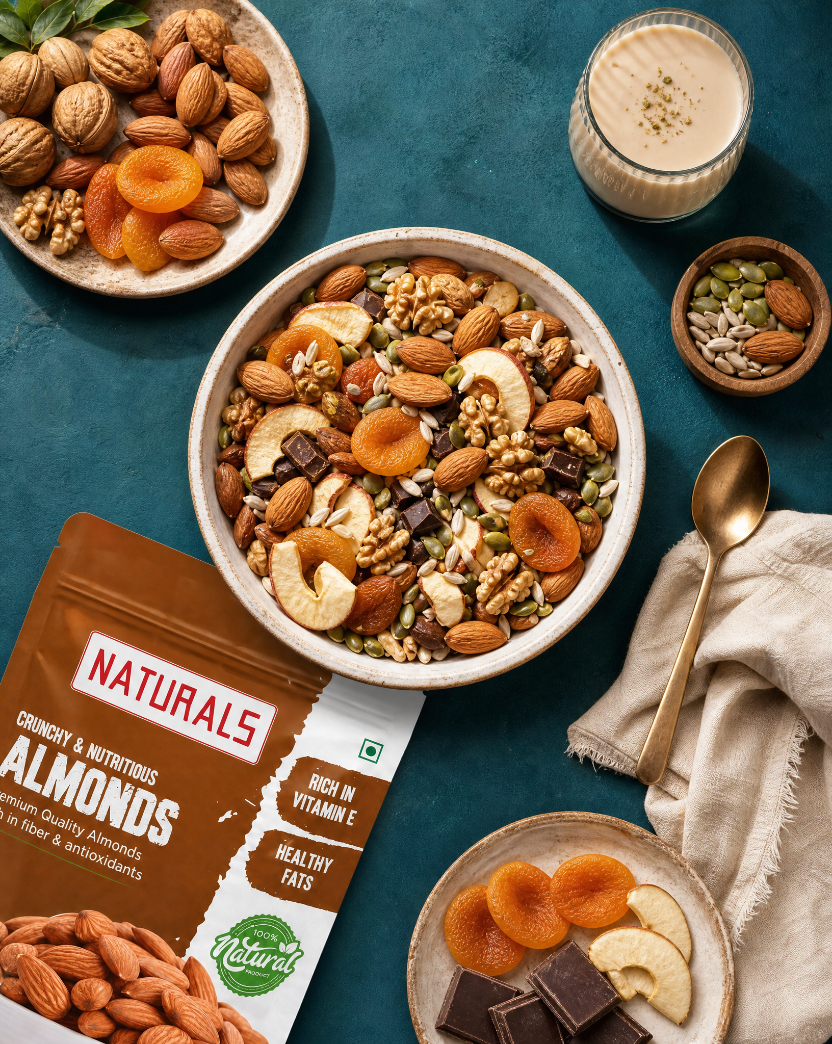 Create a premium top-down dry fruits and gifting product photography fl…