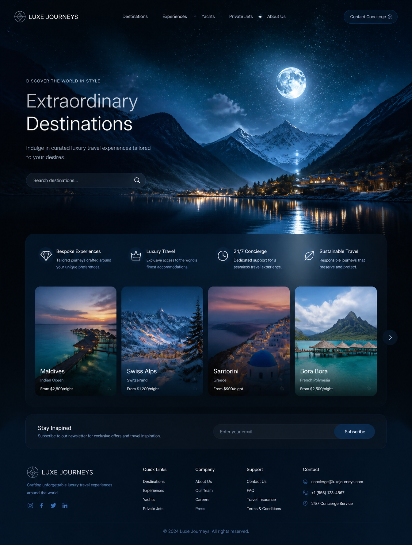 Luxury moonlight travel landscape, glowing lake reflections, stars in s…