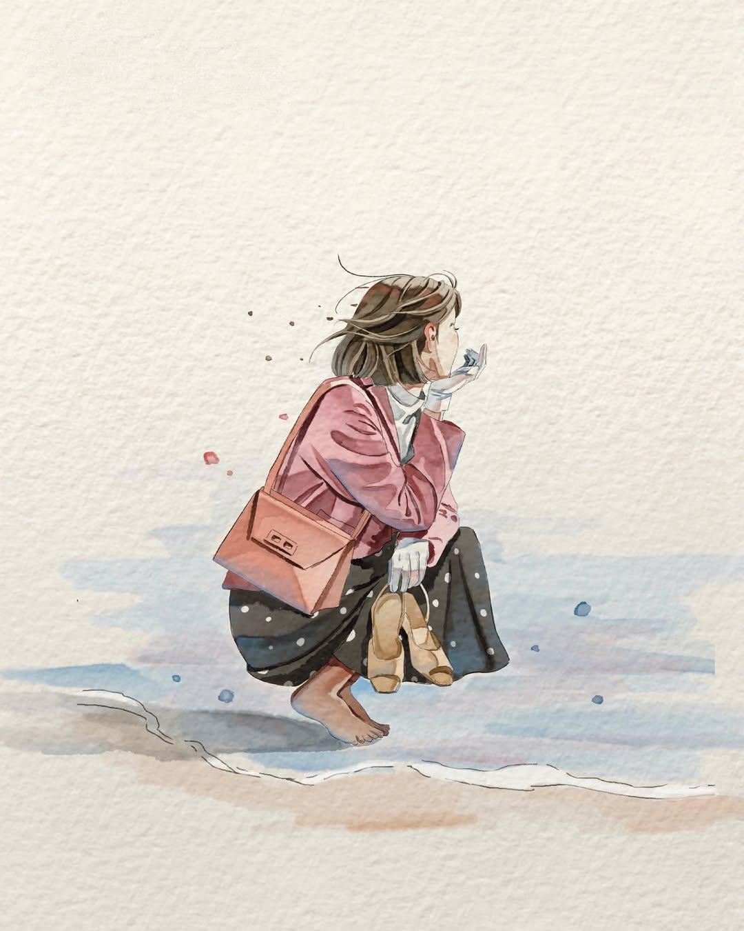 Minimalist watercolor illustration on textured handmade watercolor pape… 2