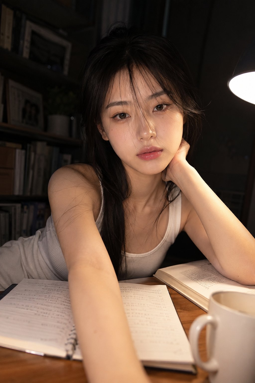 A candid late-night study room portrait of a beautiful young woman sitt… 3
