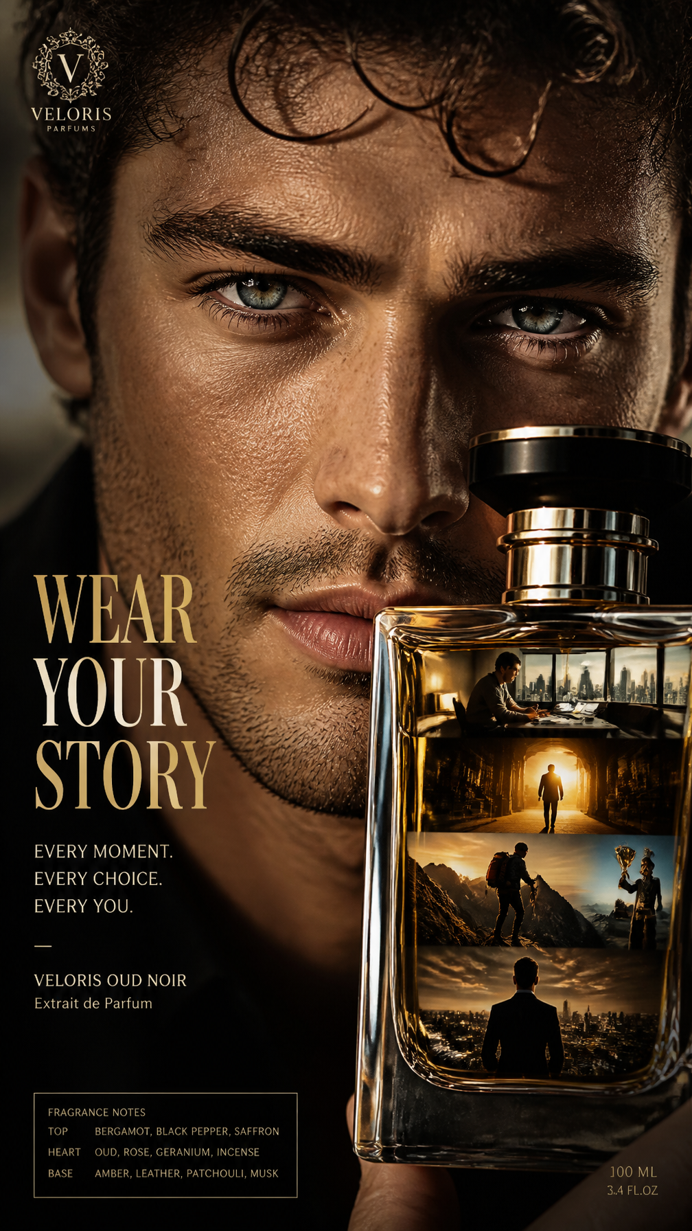 A premium 9:16 fragrance advertising poster.Main Subject:An ultra close…
