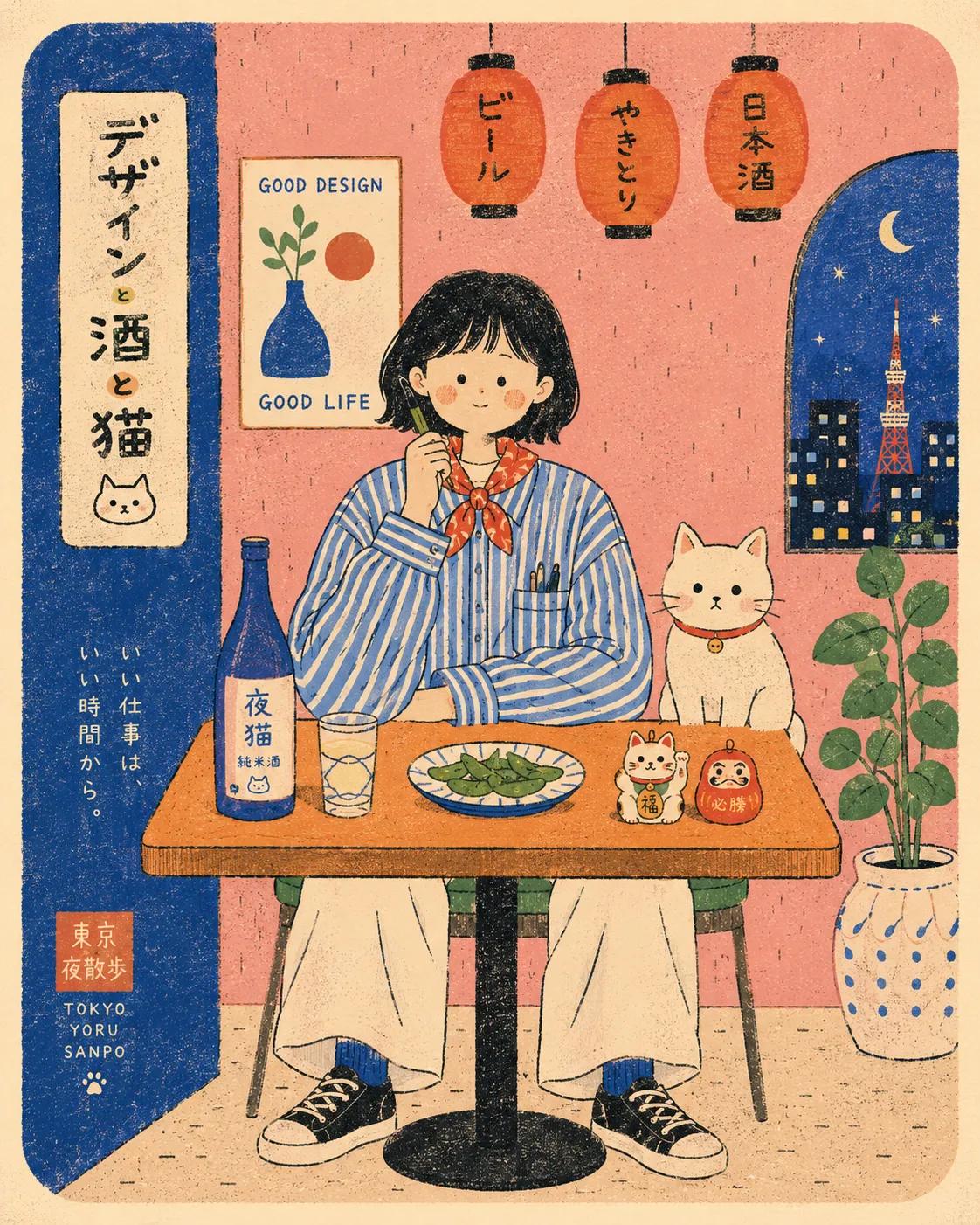 Whimsical Japanese retro café illustration, cozy slice-of-life aestheti…